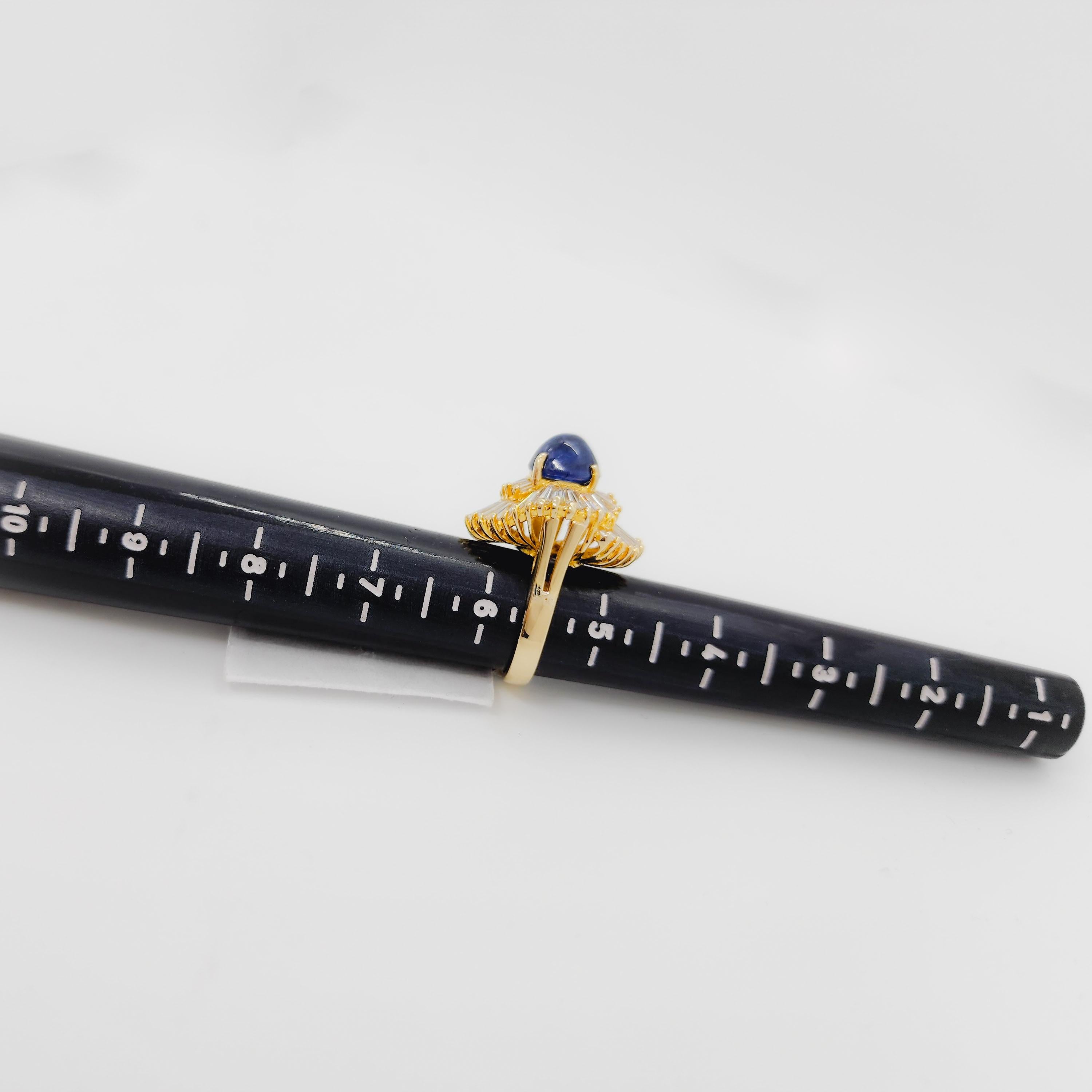 Blue Sapphire Cabochon and White Diamond Baguette Ring in 18k Yellow Gold For Sale 2