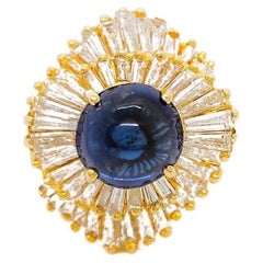 Baguette-Ring aus 18 Karat Gelbgold mit blauem Saphir, Cabochon und weißem Diamant