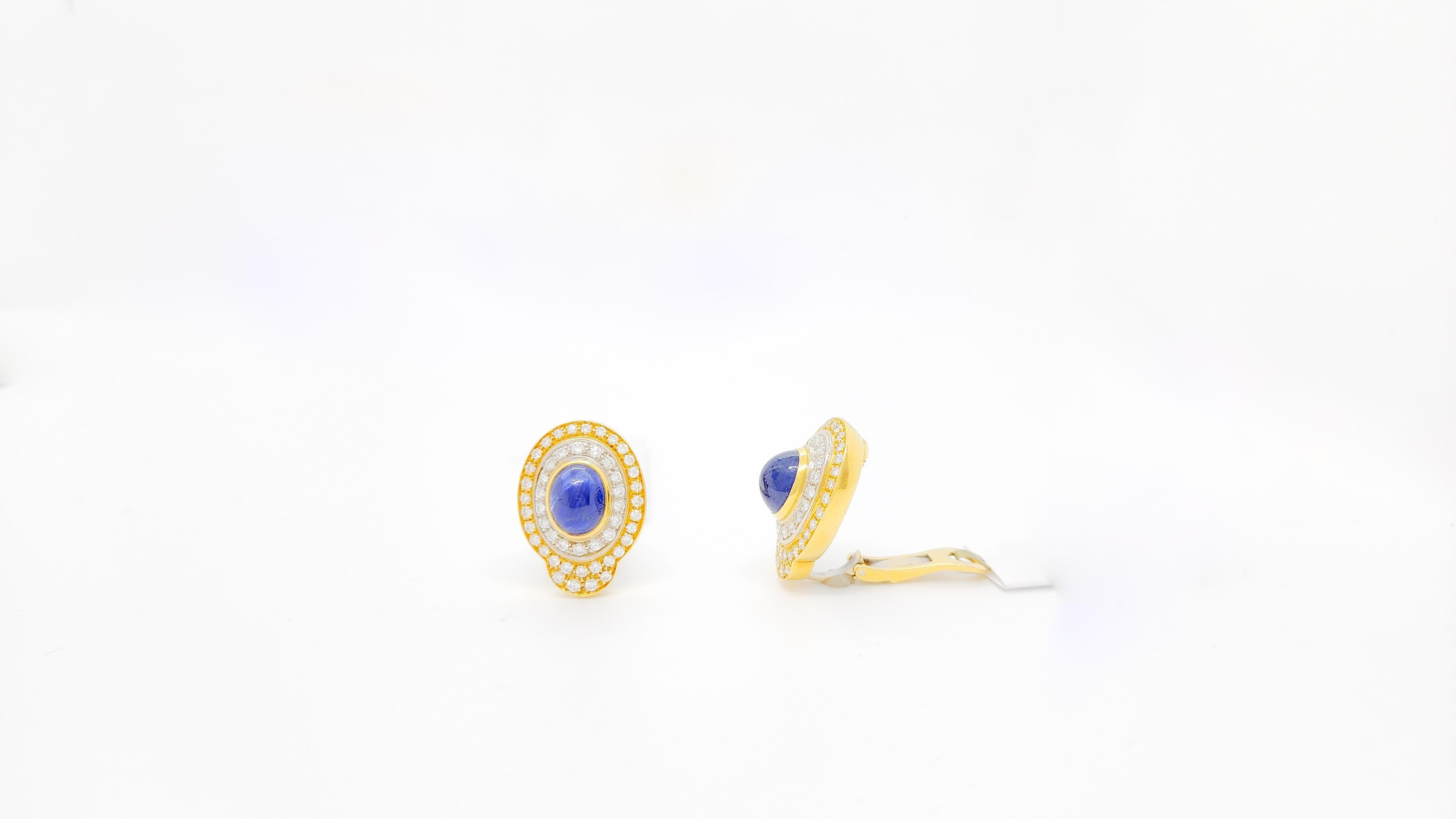 Oval Cut Blue Sapphire Cabochon and White Diamond Clip on Earrings in 18k Gold For Sale