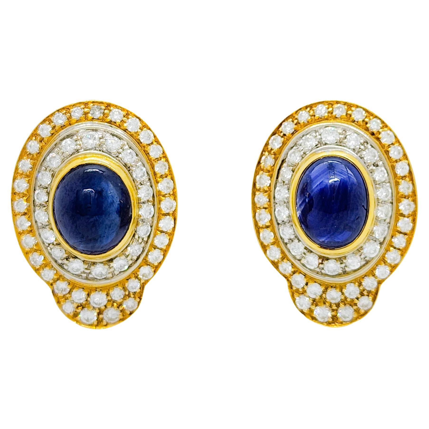 18 Karat Yellow Gold Cabochon Sapphire and Diamond Clip Earrings For