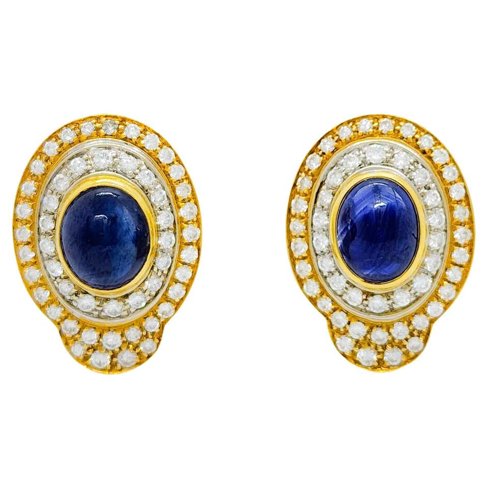 Blue Sapphire and Diamond Puff Cushion Shape Earring in 18 Karat White ...