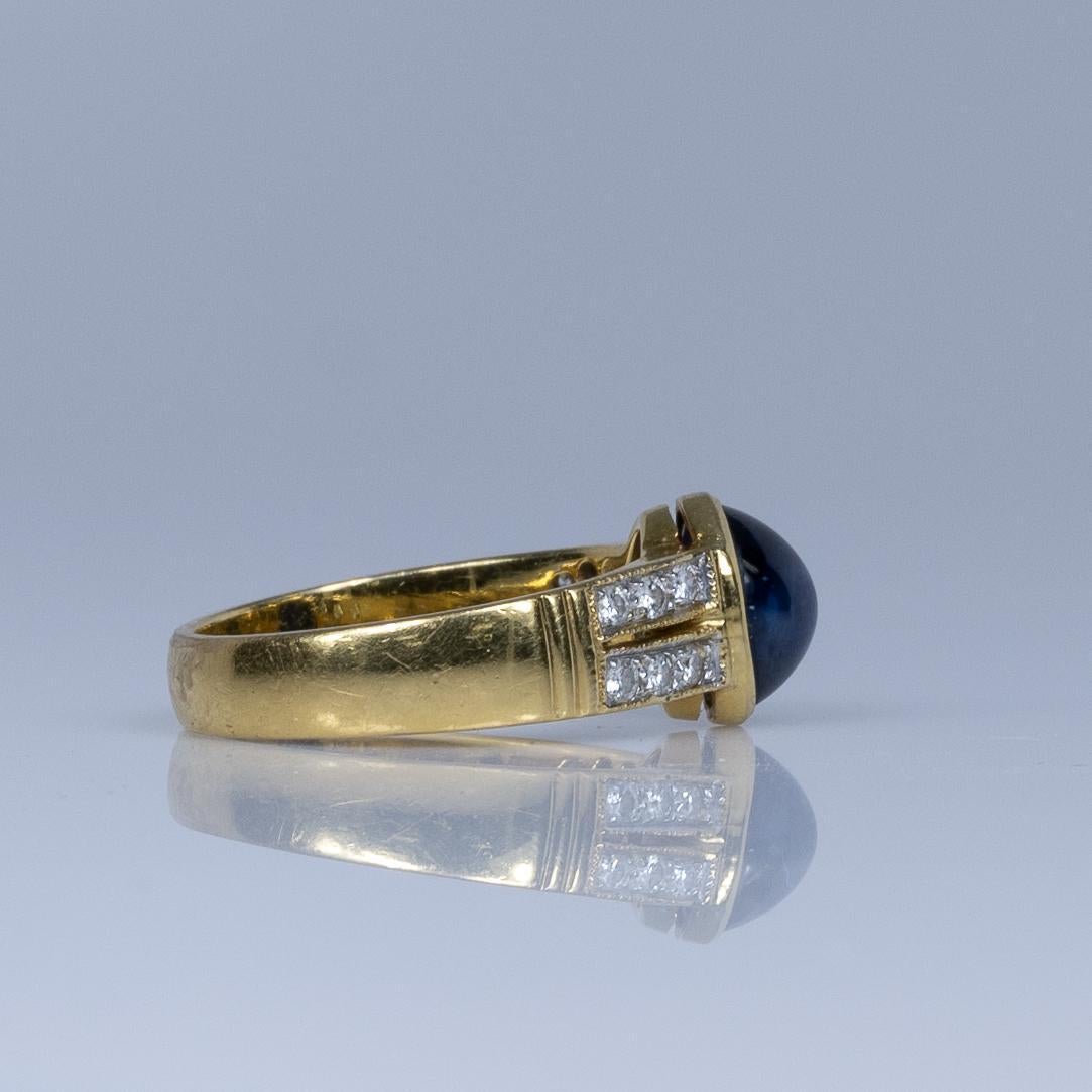 Blue Sapphire Cabochon Bezel Set in Diamond Split Shank 90% Yellow Gold Ring 2