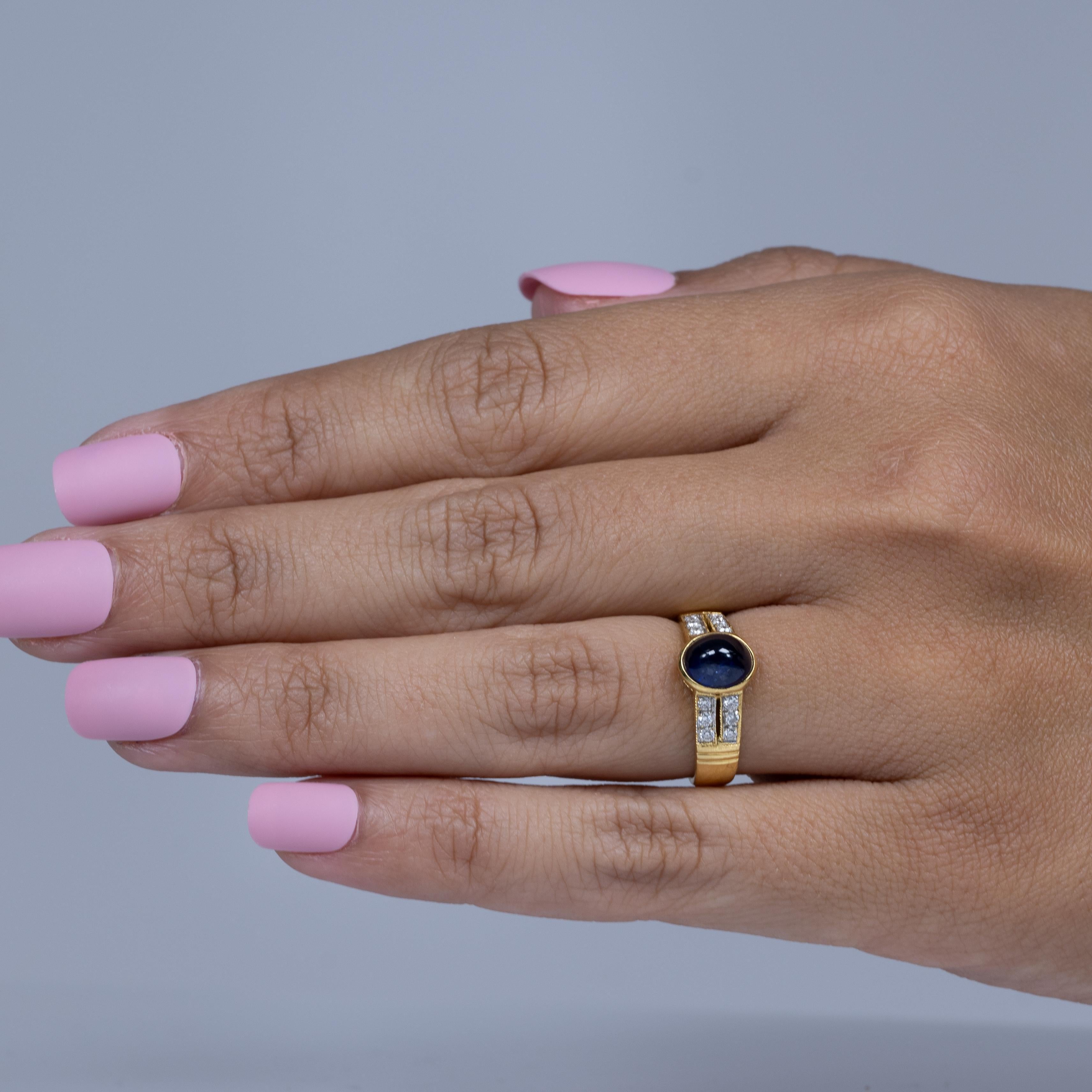 Blue Sapphire Cabochon Bezel Set in Diamond Split Shank 90% Yellow Gold Ring 3