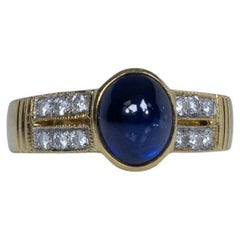 Blue Sapphire Cabochon Bezel Set in Diamond Split Shank 90% Yellow Gold Ring
