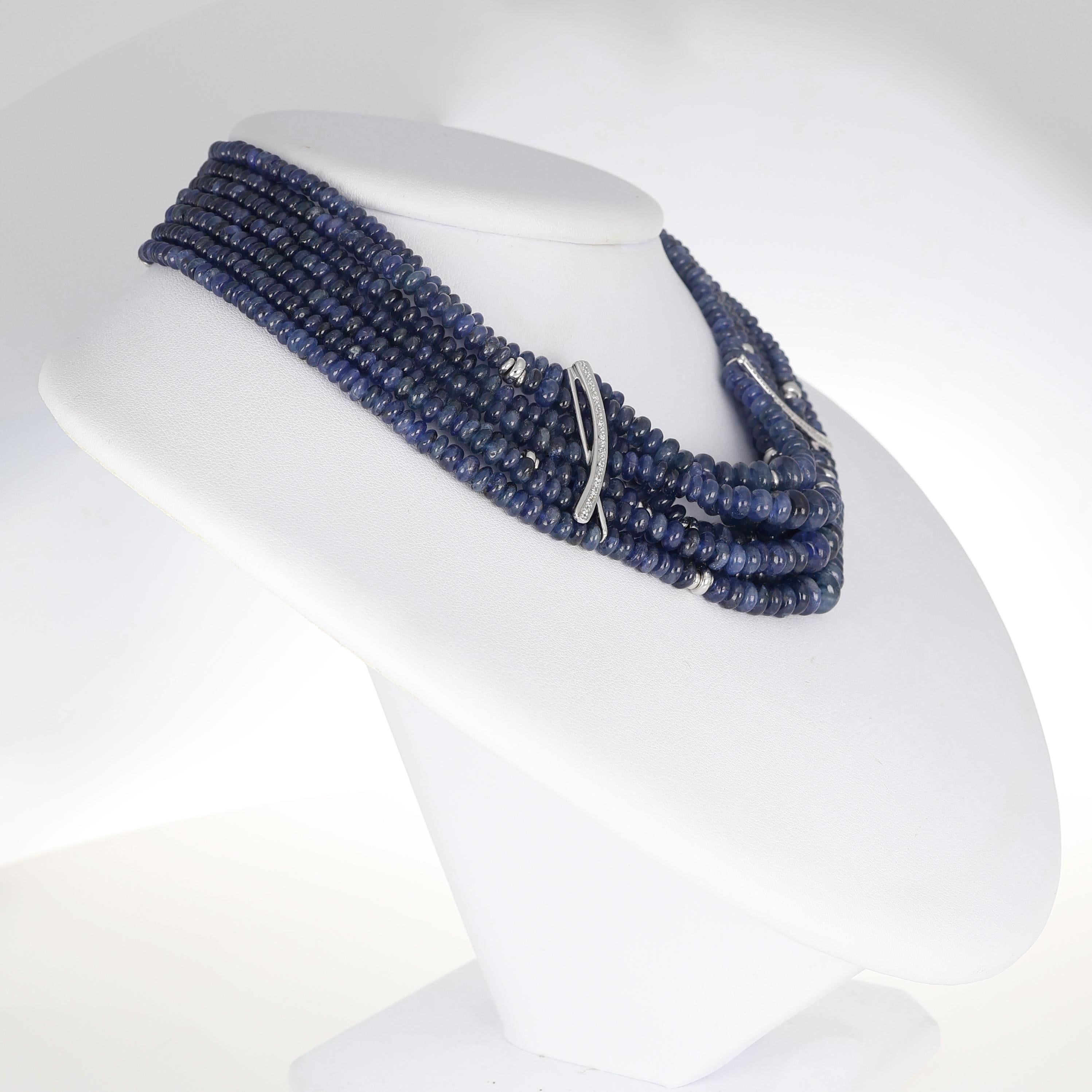 Women's or Men's Blue Sapphire Cabochon Choker Necklace with Diamonds For Sale