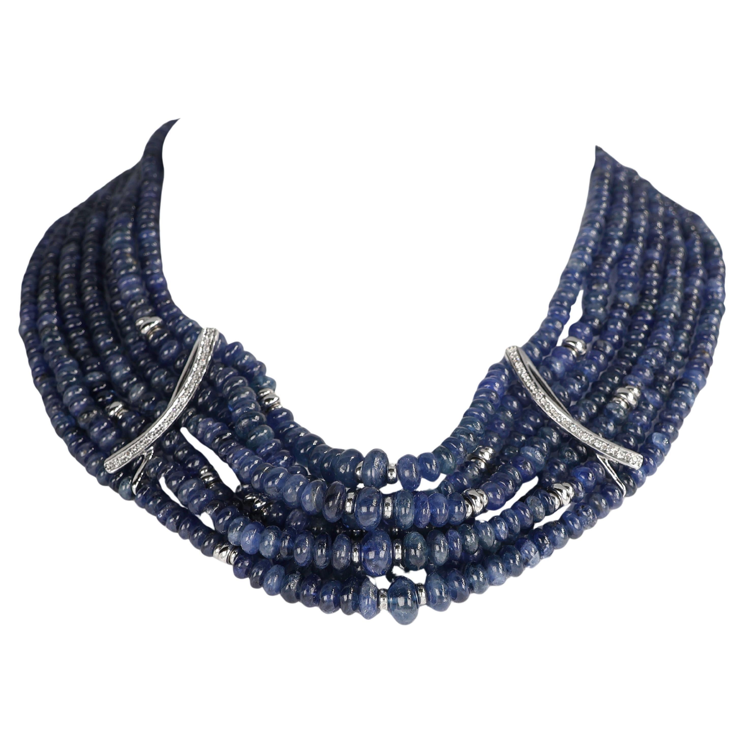 Blue Sapphire Cabochon Choker Necklace with Diamonds
