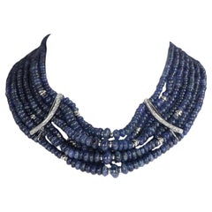 Blue Sapphire Cabochon Choker Necklace with Diamonds