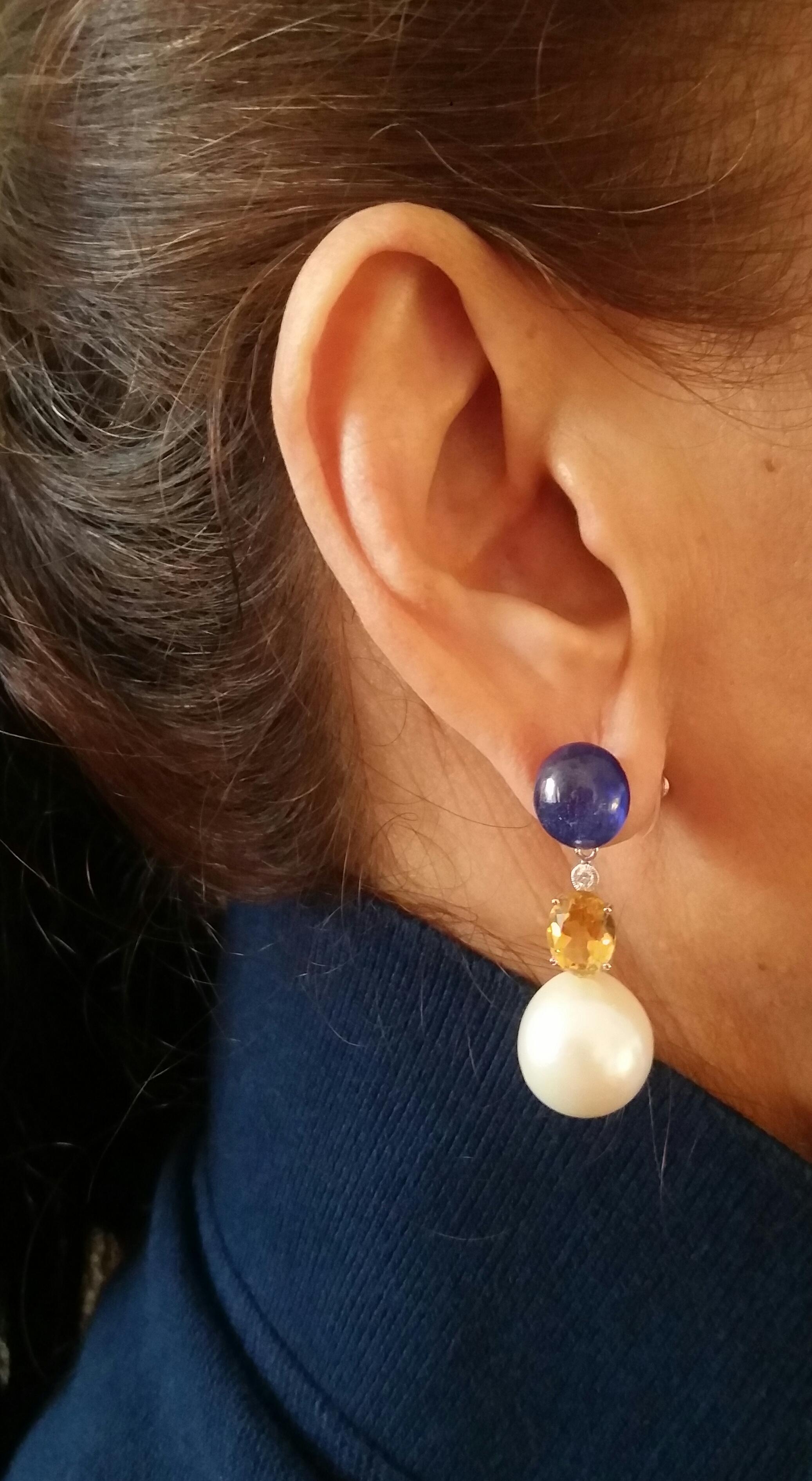 Contemporary Blue Sapphire Cabochon Citrine Baroque Pearls 14K Gold Diamonds Dangle Earrings For Sale
