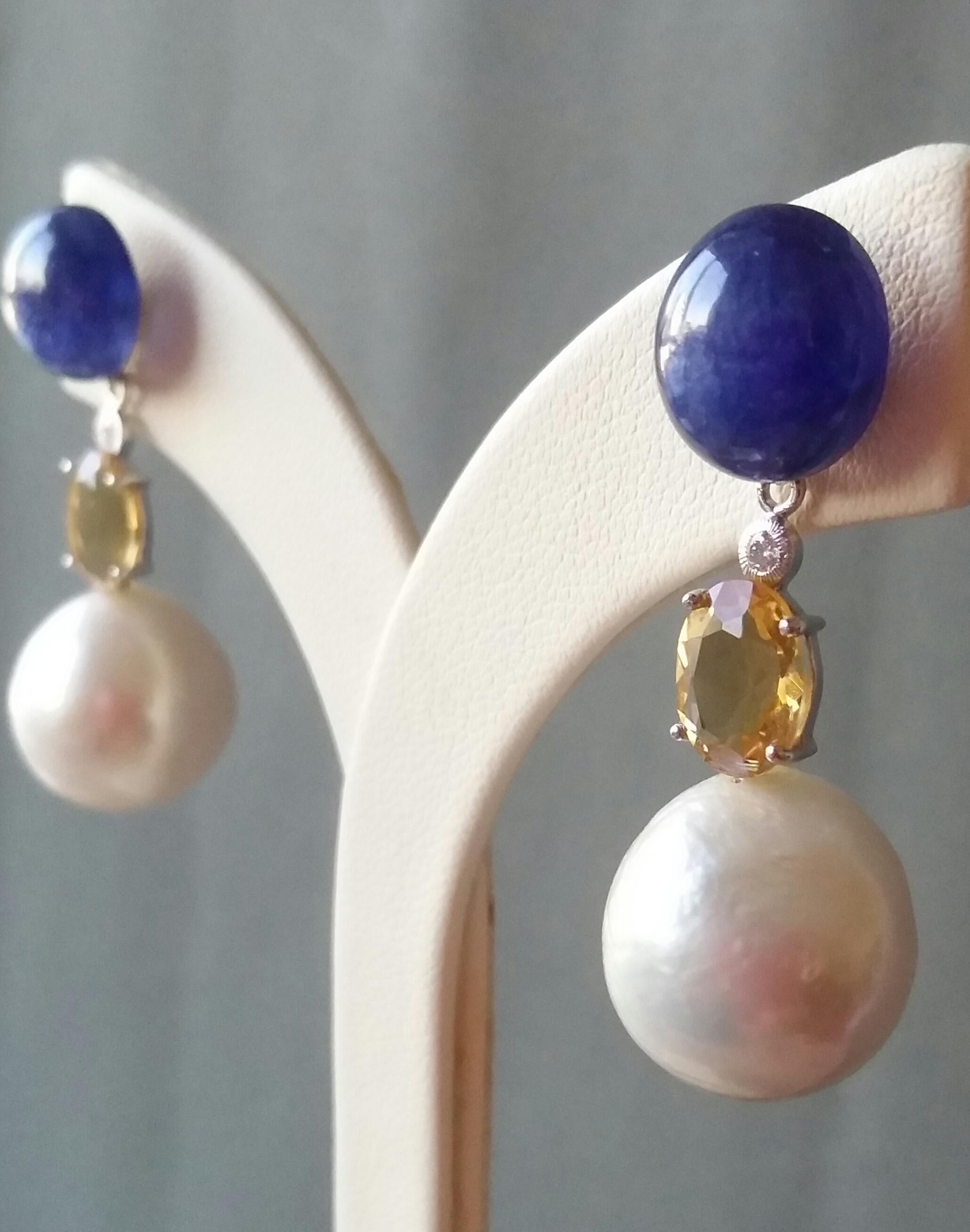 Oval Cut Blue Sapphire Cabochon Citrine Baroque Pearls 14K Gold Diamonds Dangle Earrings For Sale
