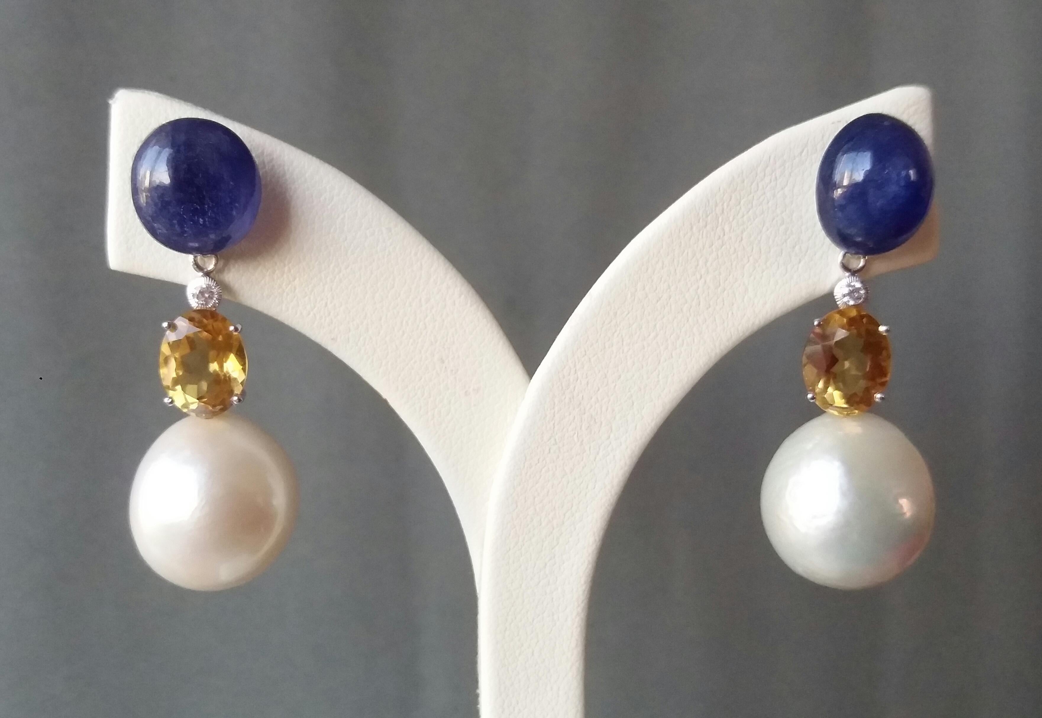 Blue Sapphire Cabochon Citrine Baroque Pearls 14K Gold Diamonds Dangle Earrings In Good Condition For Sale In Bangkok, TH