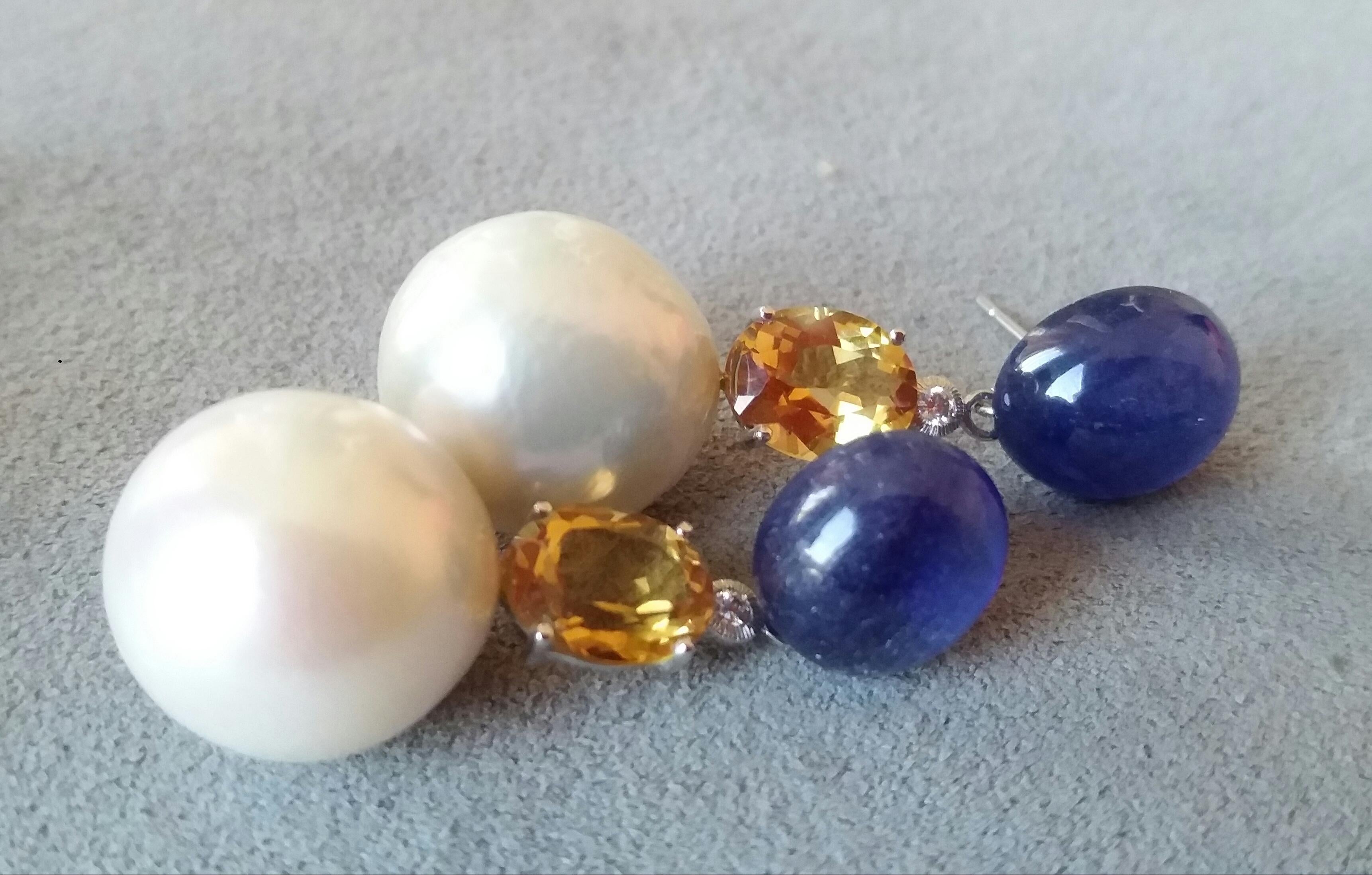 Women's Blue Sapphire Cabochon Citrine Baroque Pearls 14K Gold Diamonds Dangle Earrings For Sale