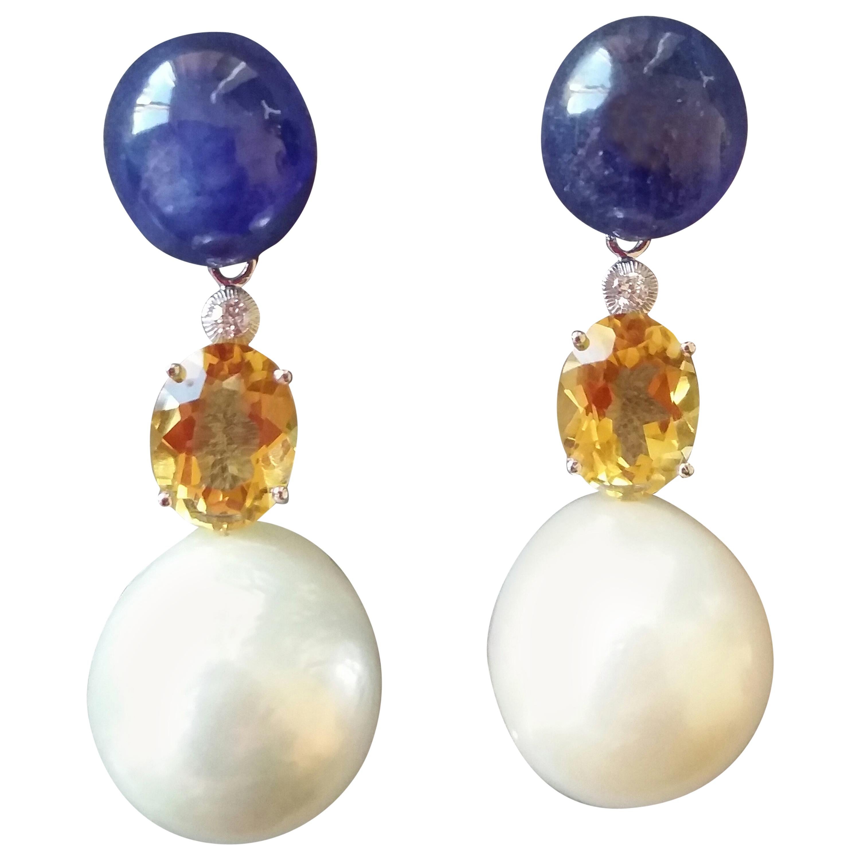 Blue Sapphire Cabochon Citrine Baroque Pearls 14K Gold Diamonds Dangle Earrings For Sale
