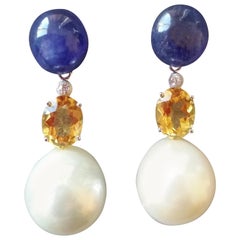Blue Sapphire Cabochon Citrine Baroque Pearls 14K Gold Diamonds Dangle Earrings