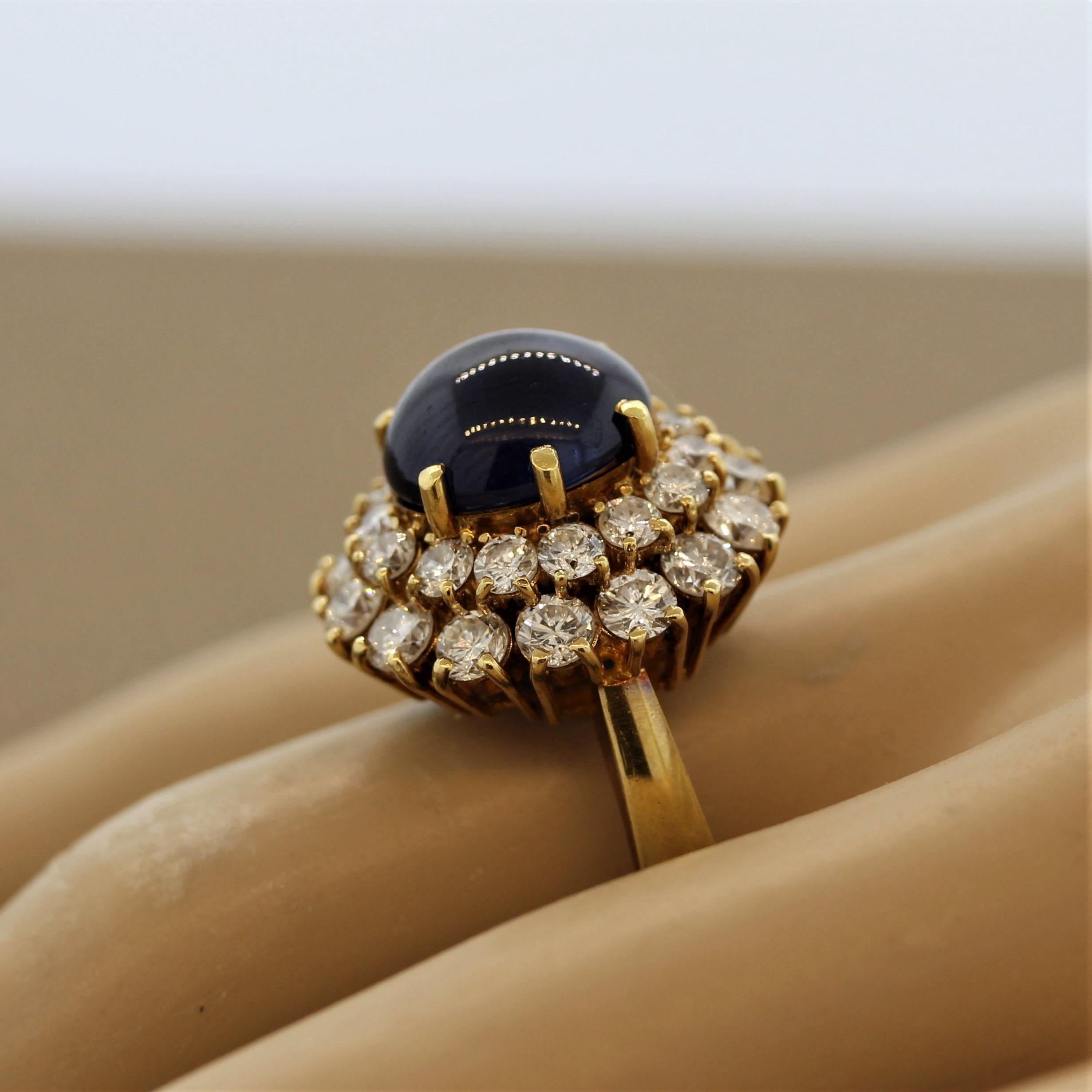 Blue Sapphire Cabochon Diamond Cluster Gold Ring For Sale 6