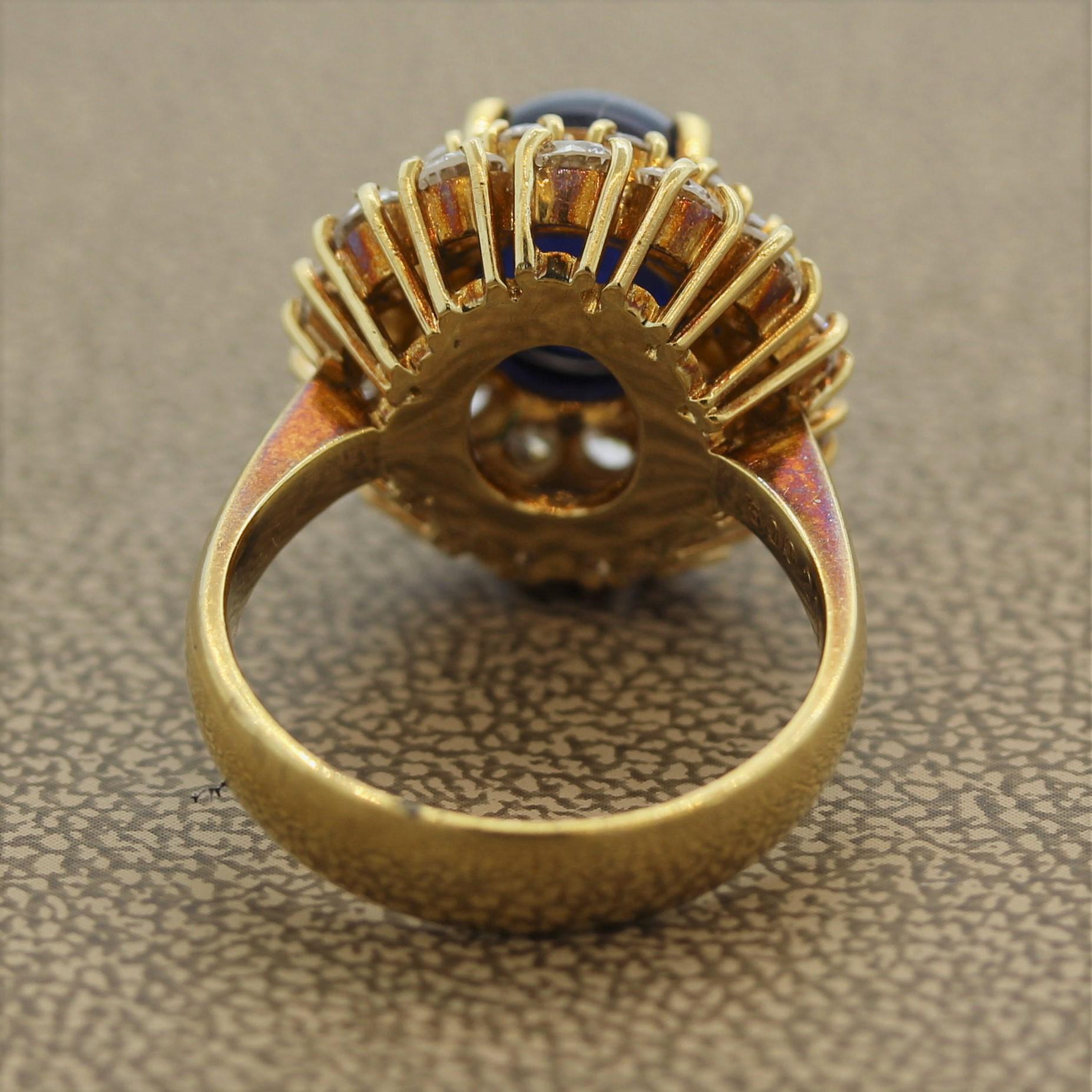 Women's Blue Sapphire Cabochon Diamond Cluster Gold Ring For Sale
