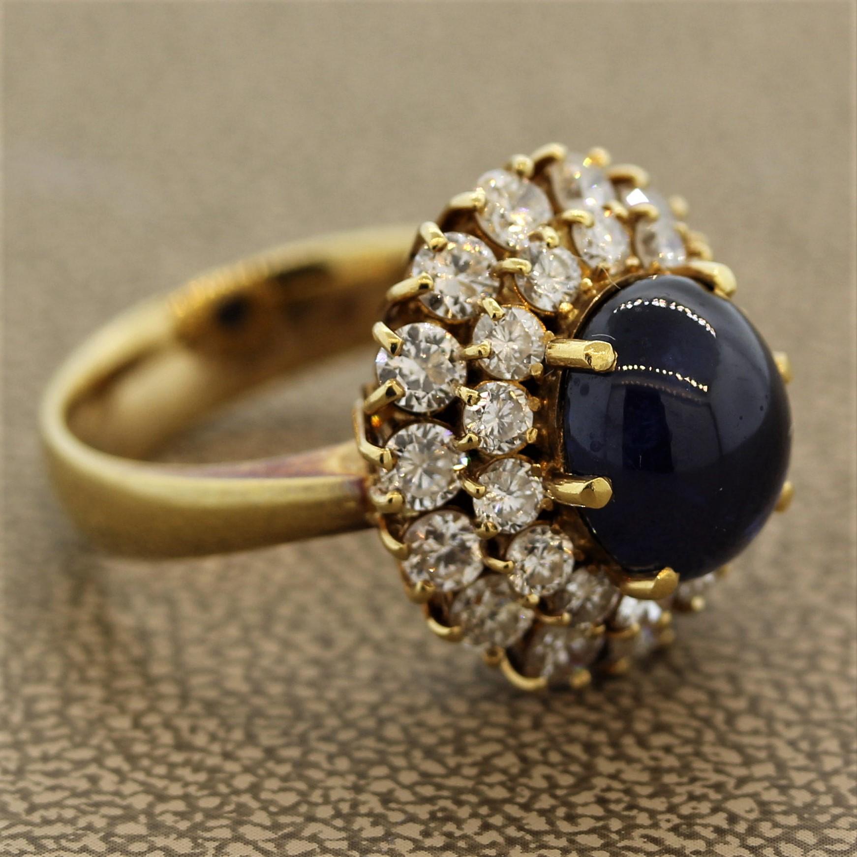 Blue Sapphire Cabochon Diamond Cluster Gold Ring For Sale 2