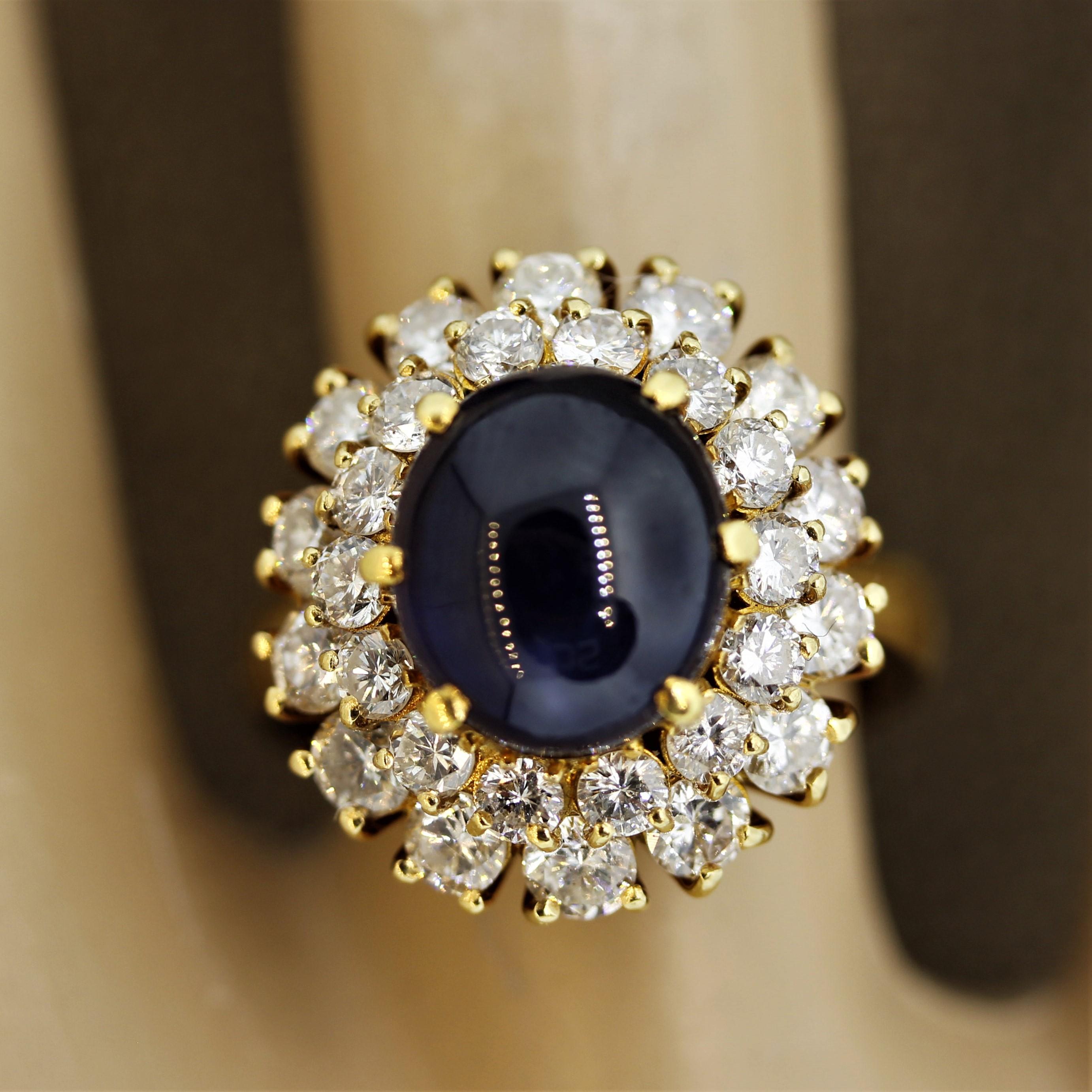 Blue Sapphire Cabochon Diamond Cluster Gold Ring For Sale 4