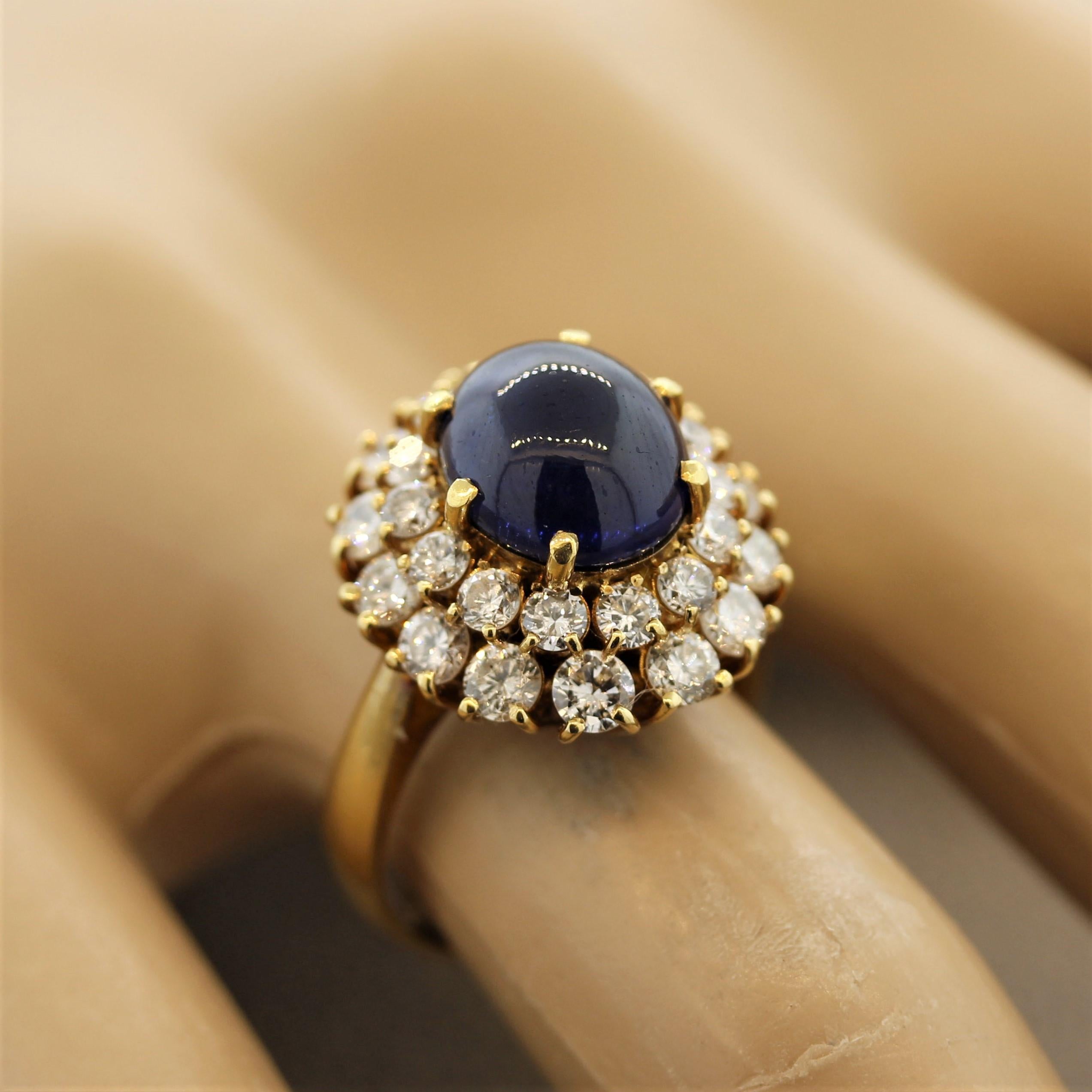 Blue Sapphire Cabochon Diamond Cluster Gold Ring For Sale 5