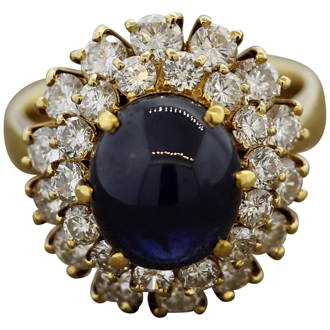 Blue Sapphire Cabochon Diamond Cluster Gold Ring For Sale