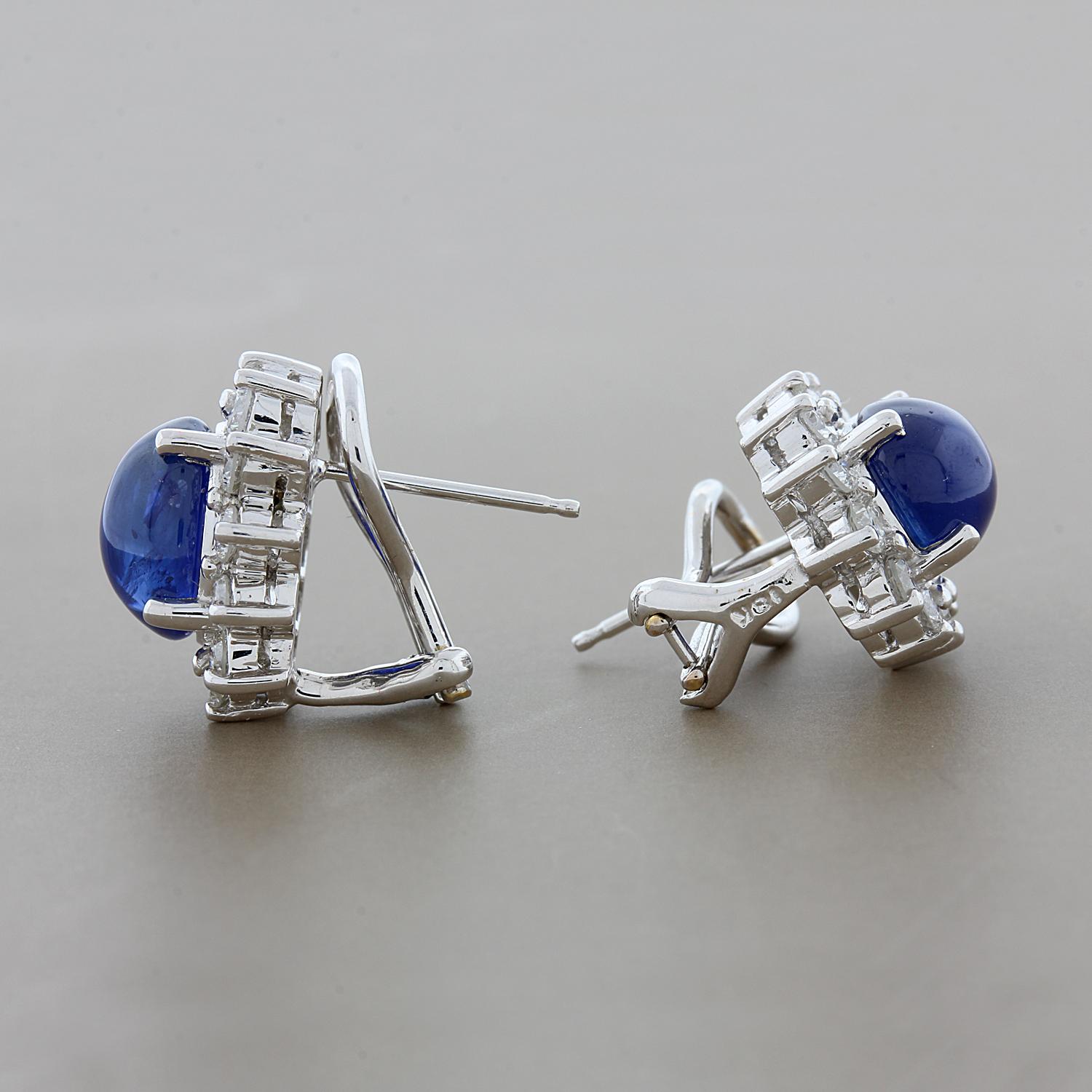 Blue Sapphire Cabochon Diamond Platinum Earrings In New Condition In Beverly Hills, CA