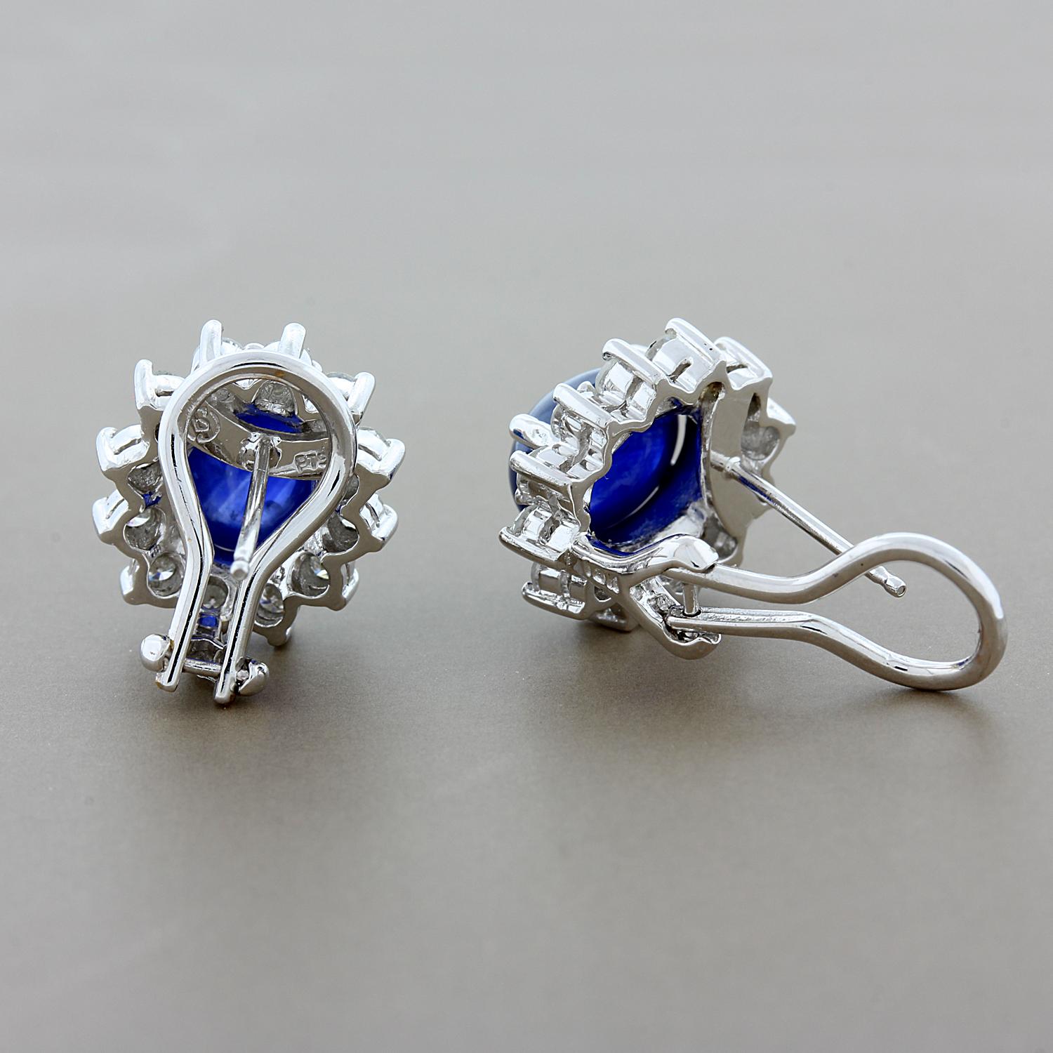 Women's Blue Sapphire Cabochon Diamond Platinum Earrings