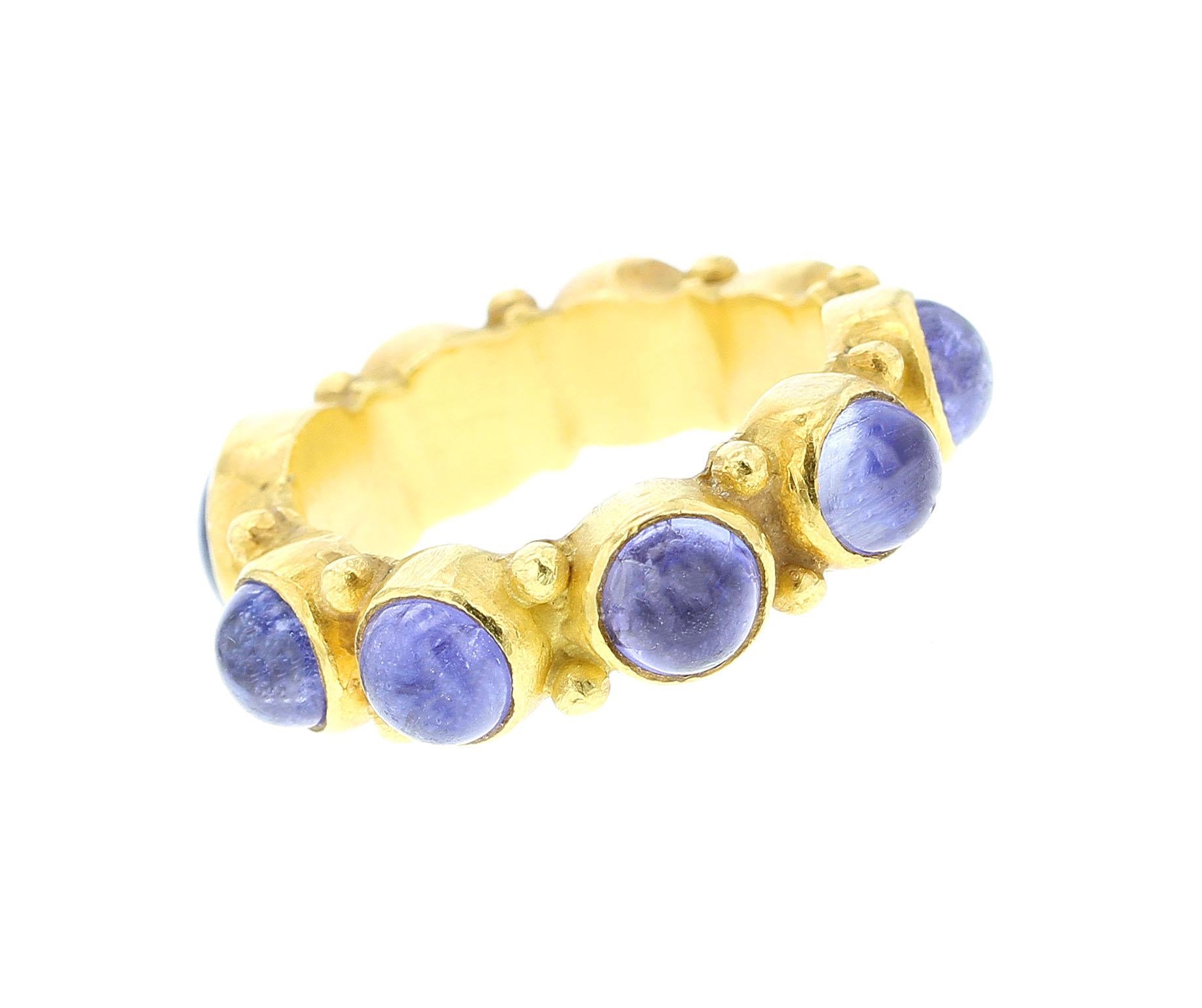 Women's or Men's Blue Sapphire Cabochon Eternity Style Ring, 18 Karat Yellow Gold