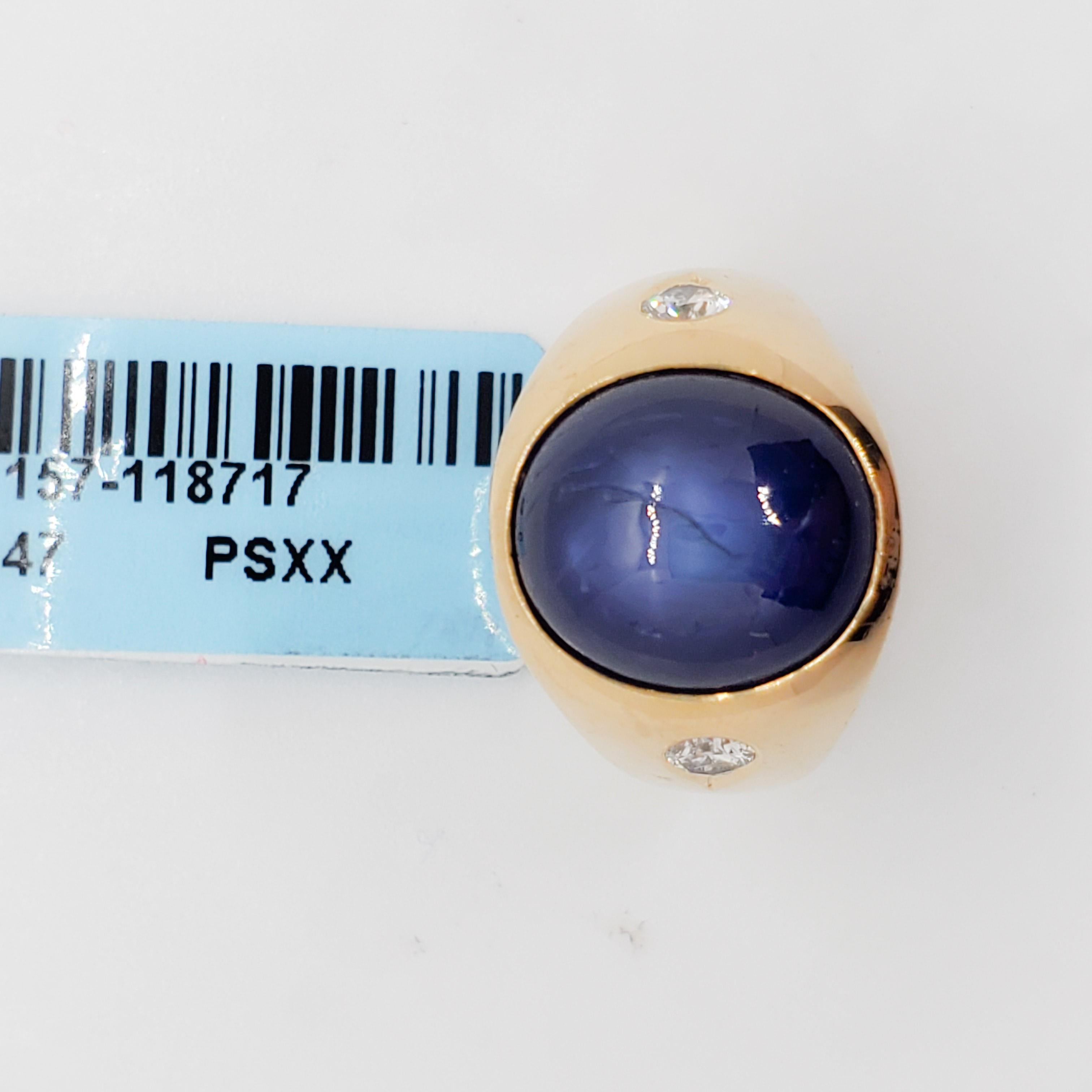 Blue Sapphire Cabochon Oval and White Diamond Ring in 14 Karat Yellow Gold 2