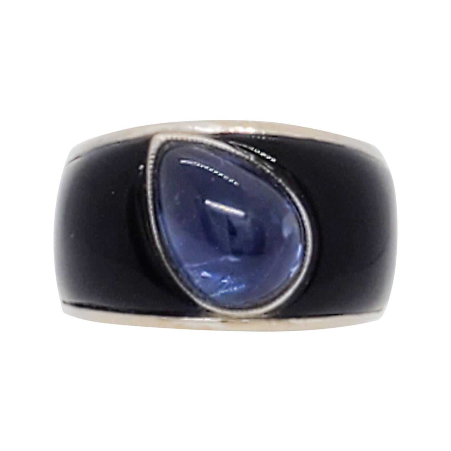 Blue Sapphire Cabochon Pear and Onyx Cocktail Ring in 18k White Gold