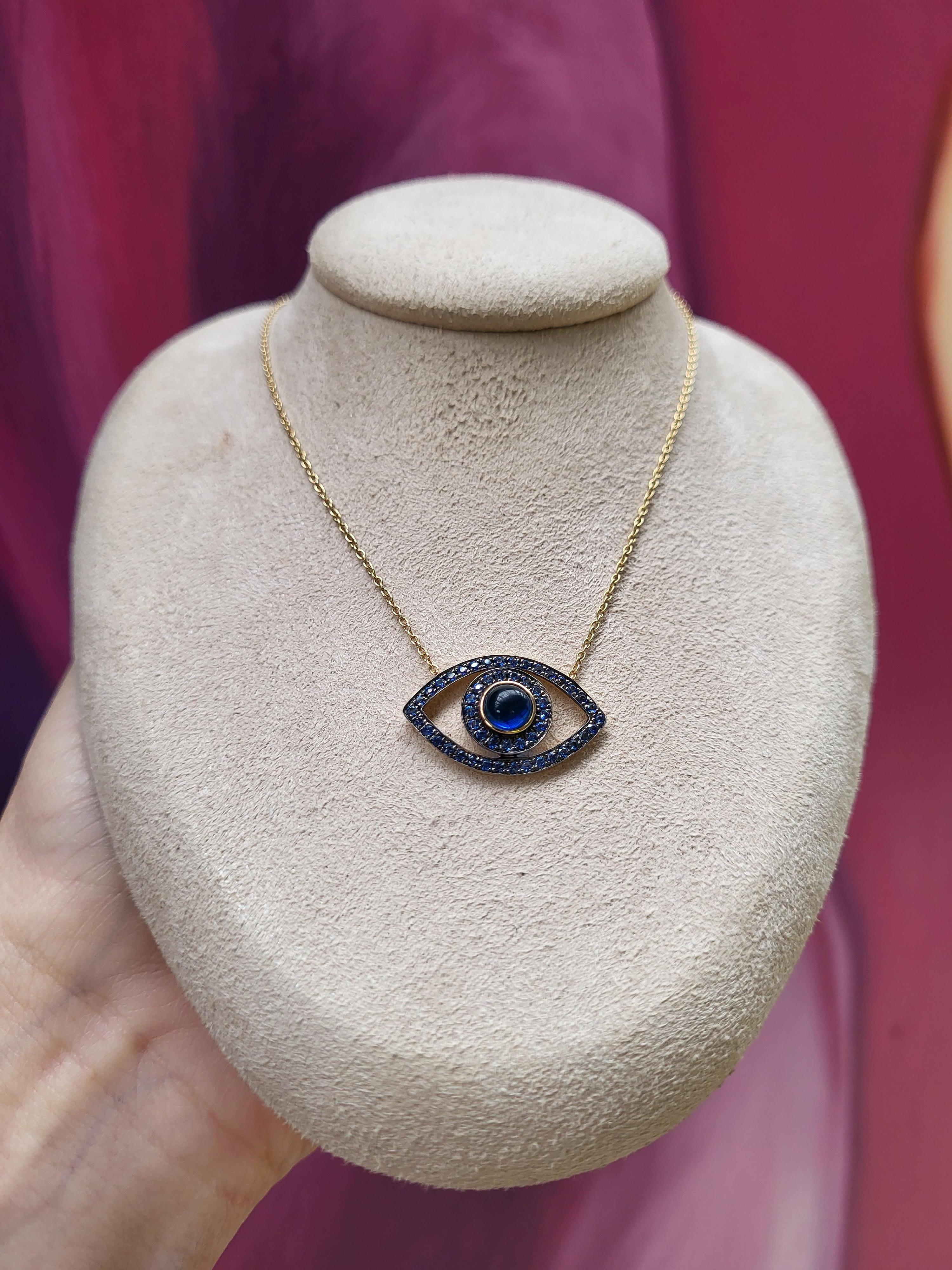 Blue Sapphire Cabochon & Round Sapphire 14k Yellow Gold Evil Eye Pendant For Sale 5