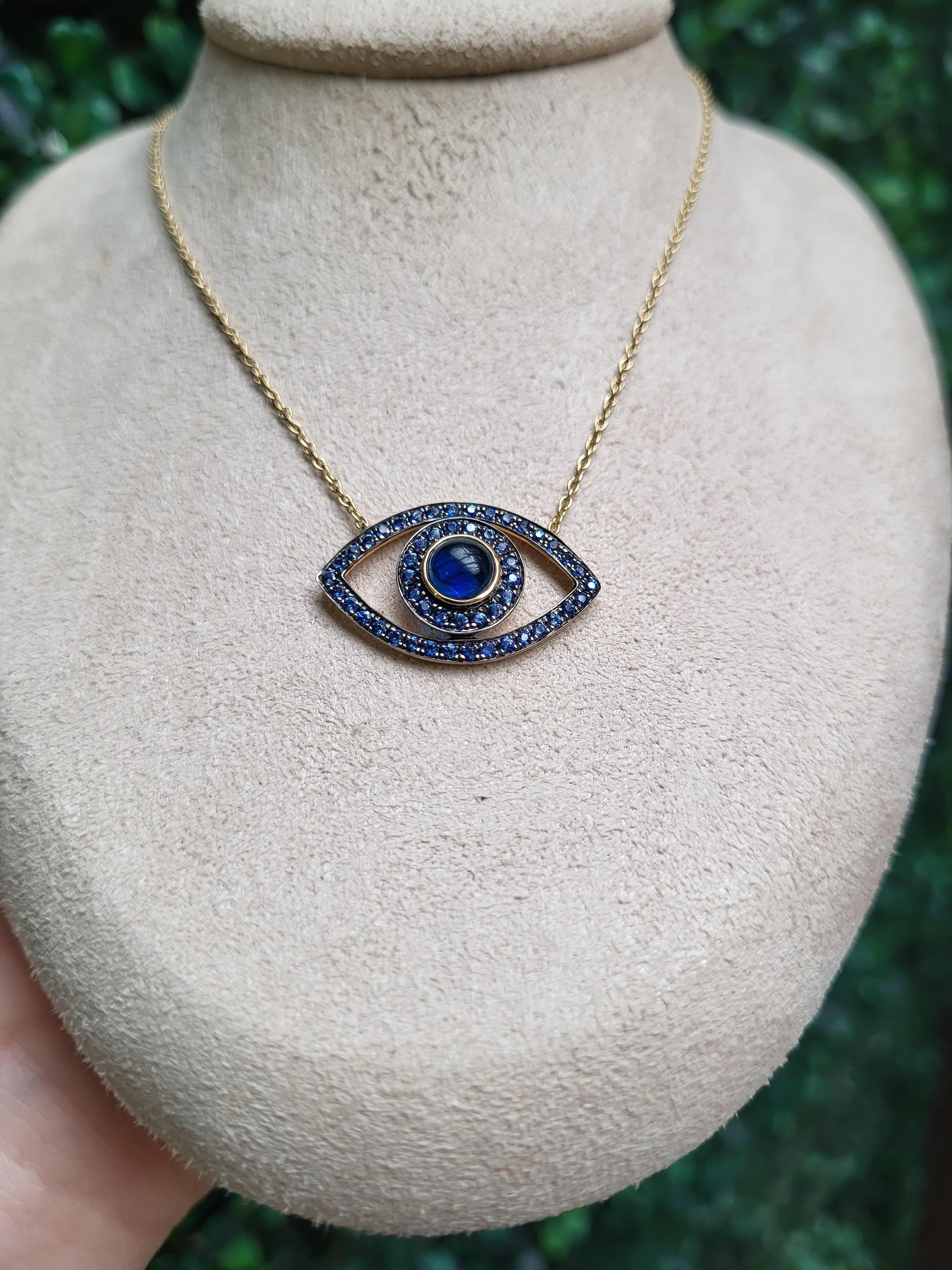 Blue Sapphire Cabochon & Round Sapphire 14k Yellow Gold Evil Eye Pendant For Sale 6