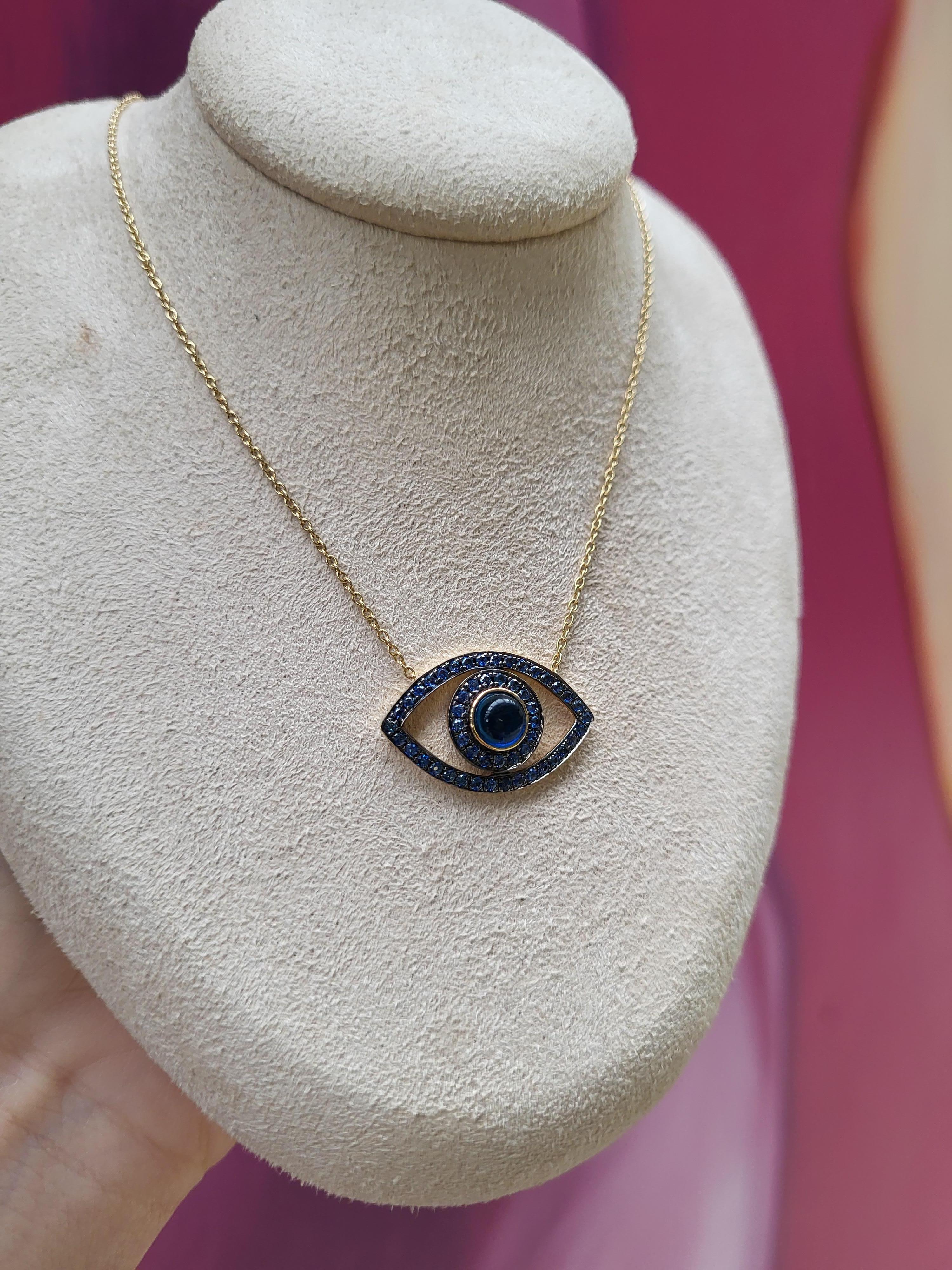 Blue Sapphire Cabochon & Round Sapphire 14k Yellow Gold Evil Eye Pendant For Sale 7