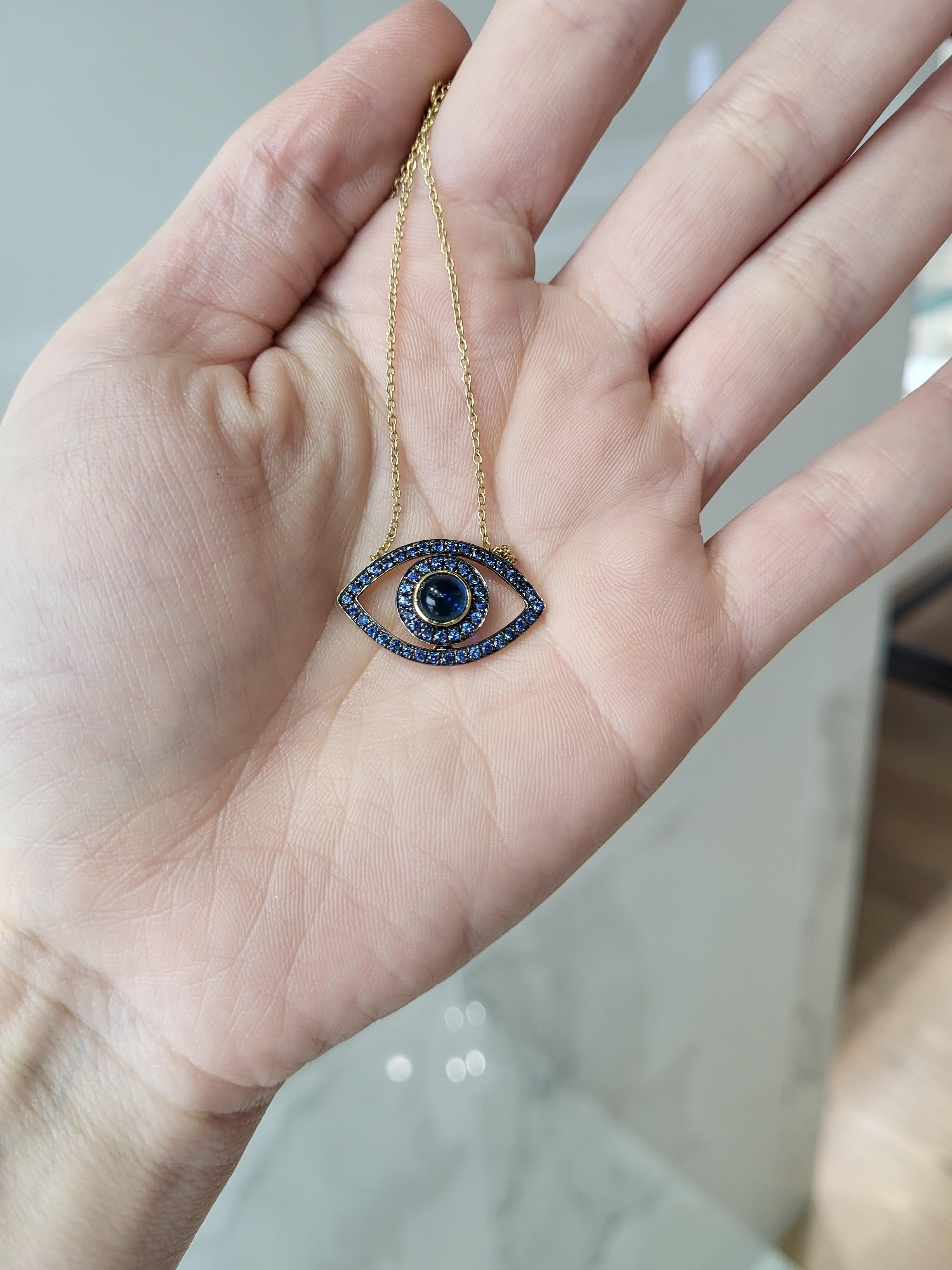 Blue Sapphire Cabochon & Round Sapphire 14k Yellow Gold Evil Eye Pendant For Sale 8