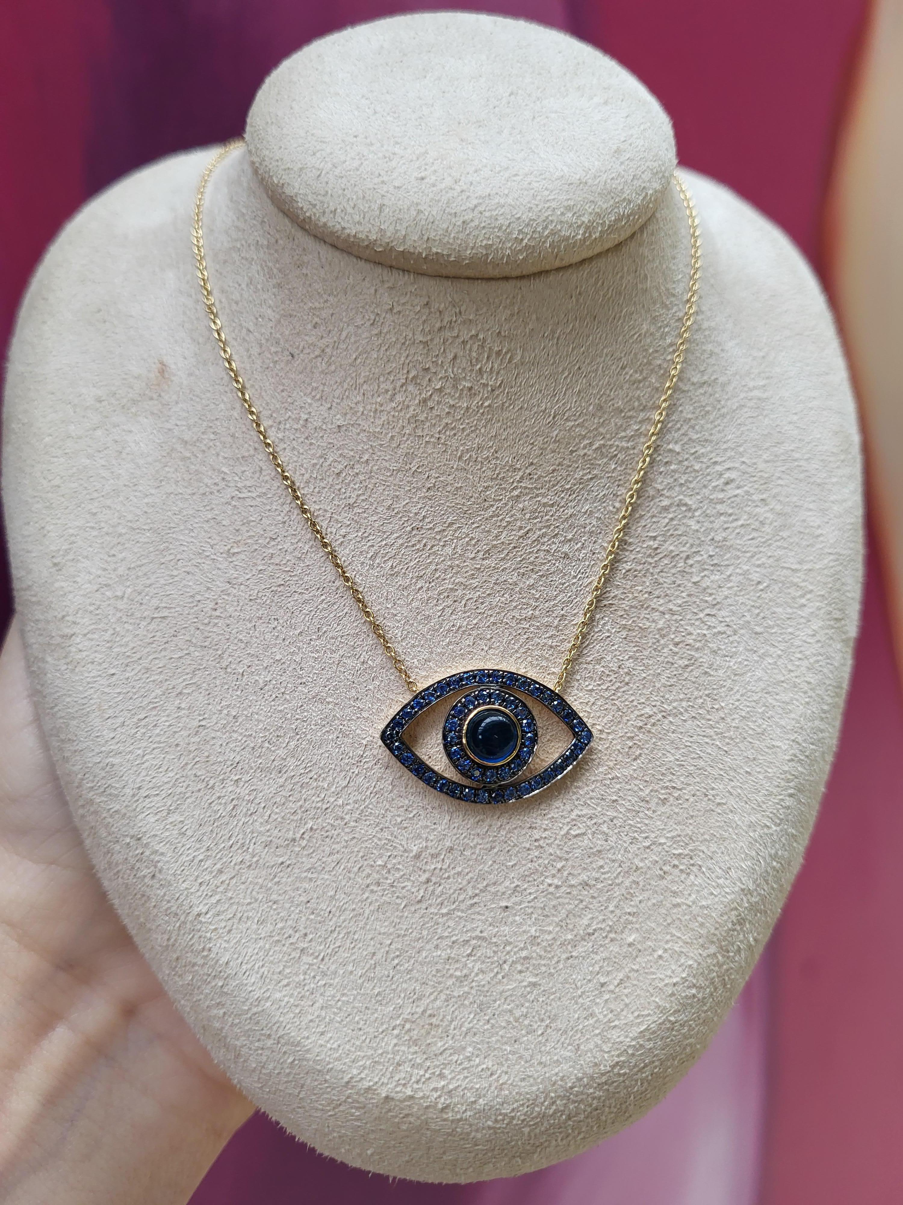 Blue Sapphire Cabochon & Round Sapphire 14k Yellow Gold Evil Eye Pendant For Sale 9