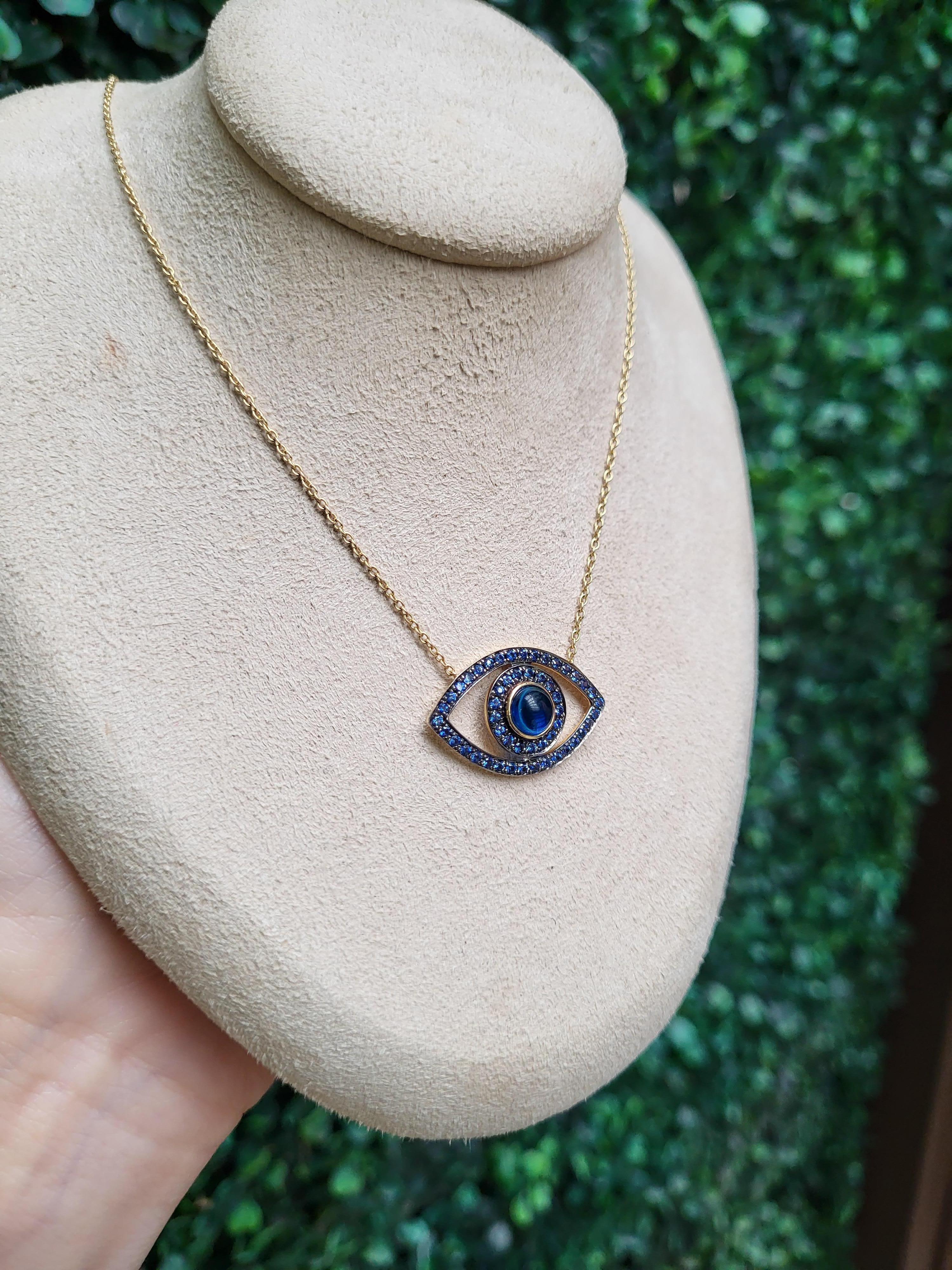 Blue Sapphire Cabochon & Round Sapphire 14k Yellow Gold Evil Eye Pendant For Sale 10