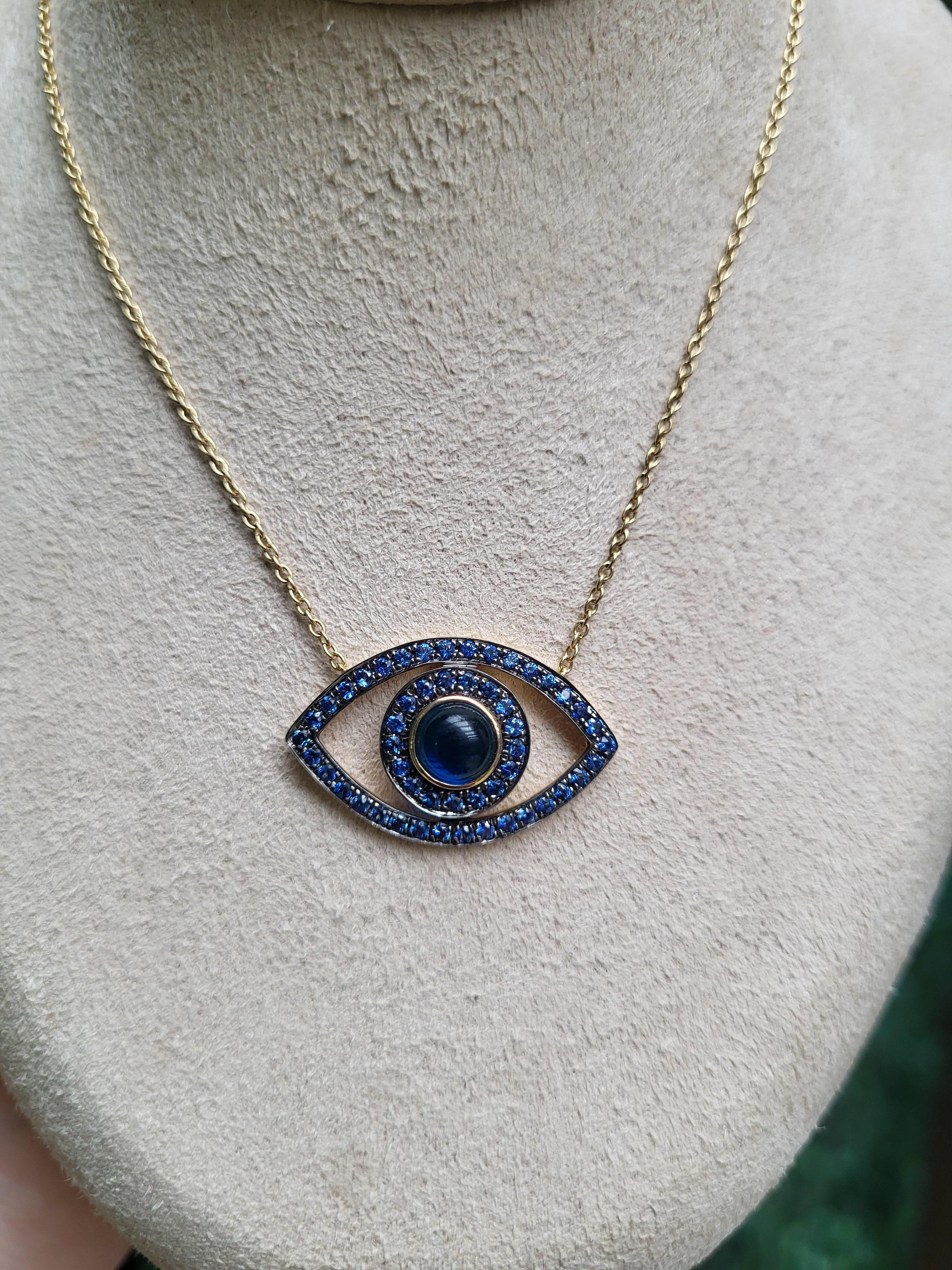 Blue Sapphire Cabochon & Round Sapphire 14k Yellow Gold Evil Eye Pendant For Sale 11