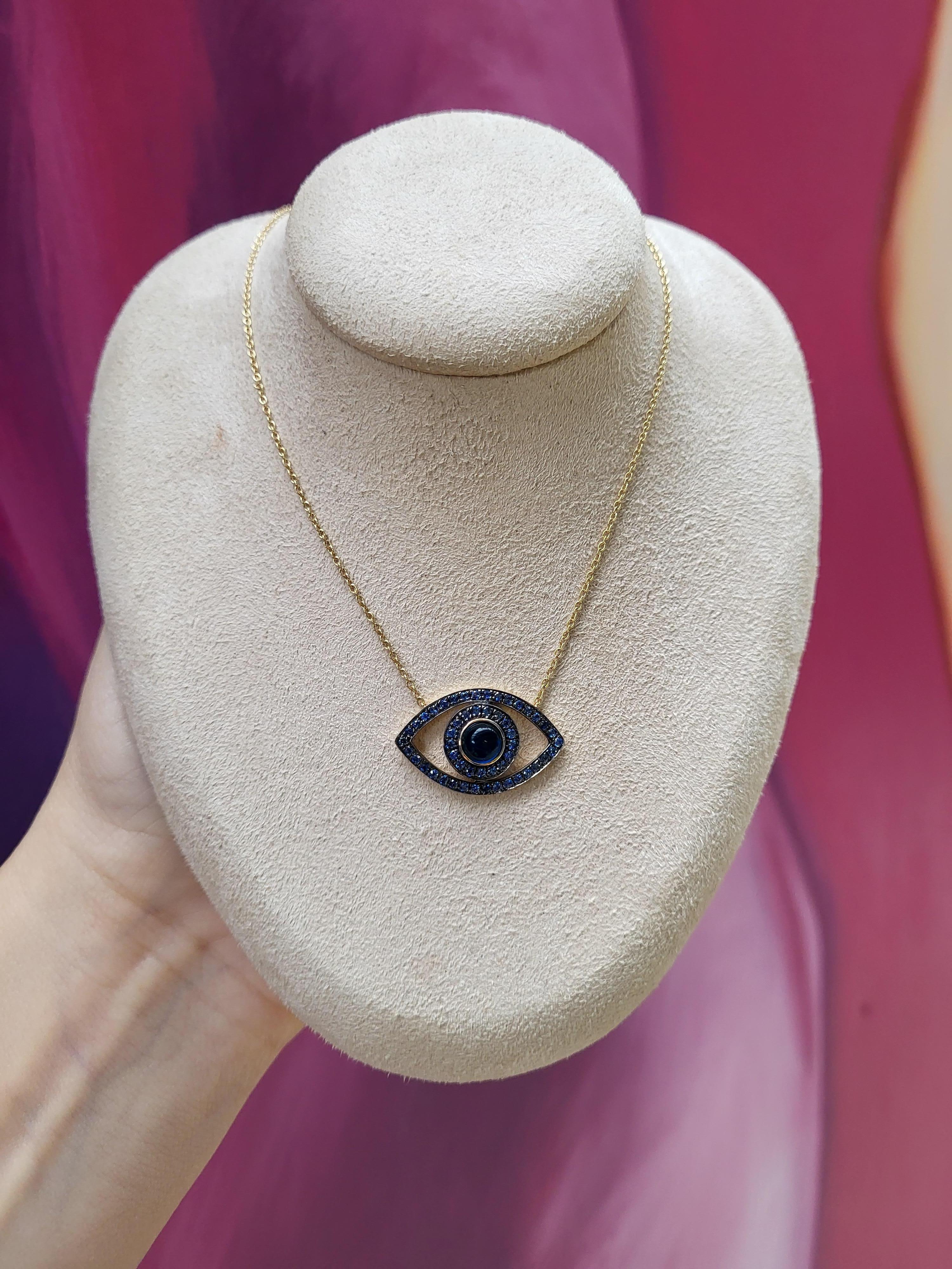 Women's or Men's Blue Sapphire Cabochon & Round Sapphire 14k Yellow Gold Evil Eye Pendant For Sale