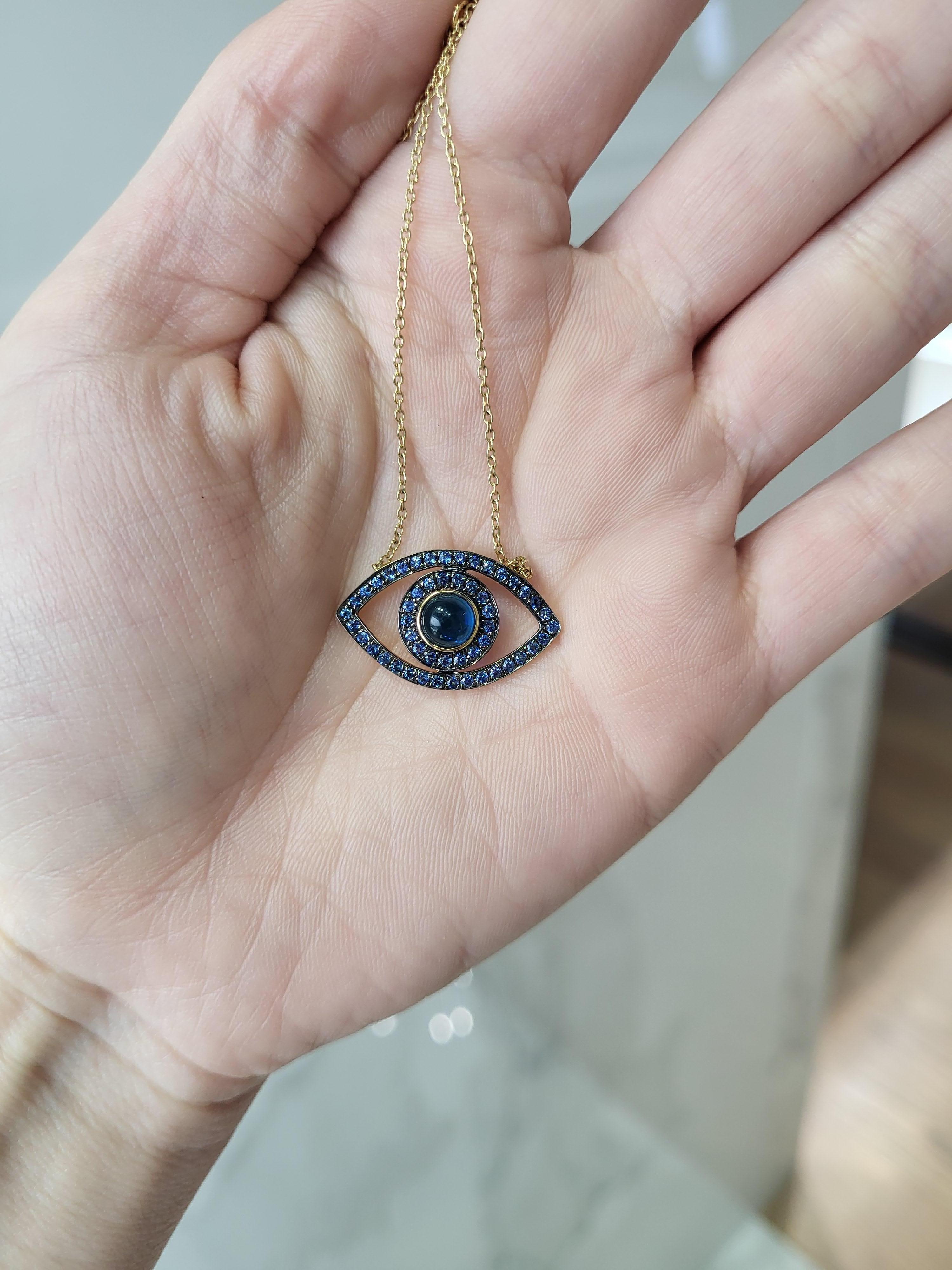 Blue Sapphire Cabochon & Round Sapphire 14k Yellow Gold Evil Eye Pendant For Sale 1
