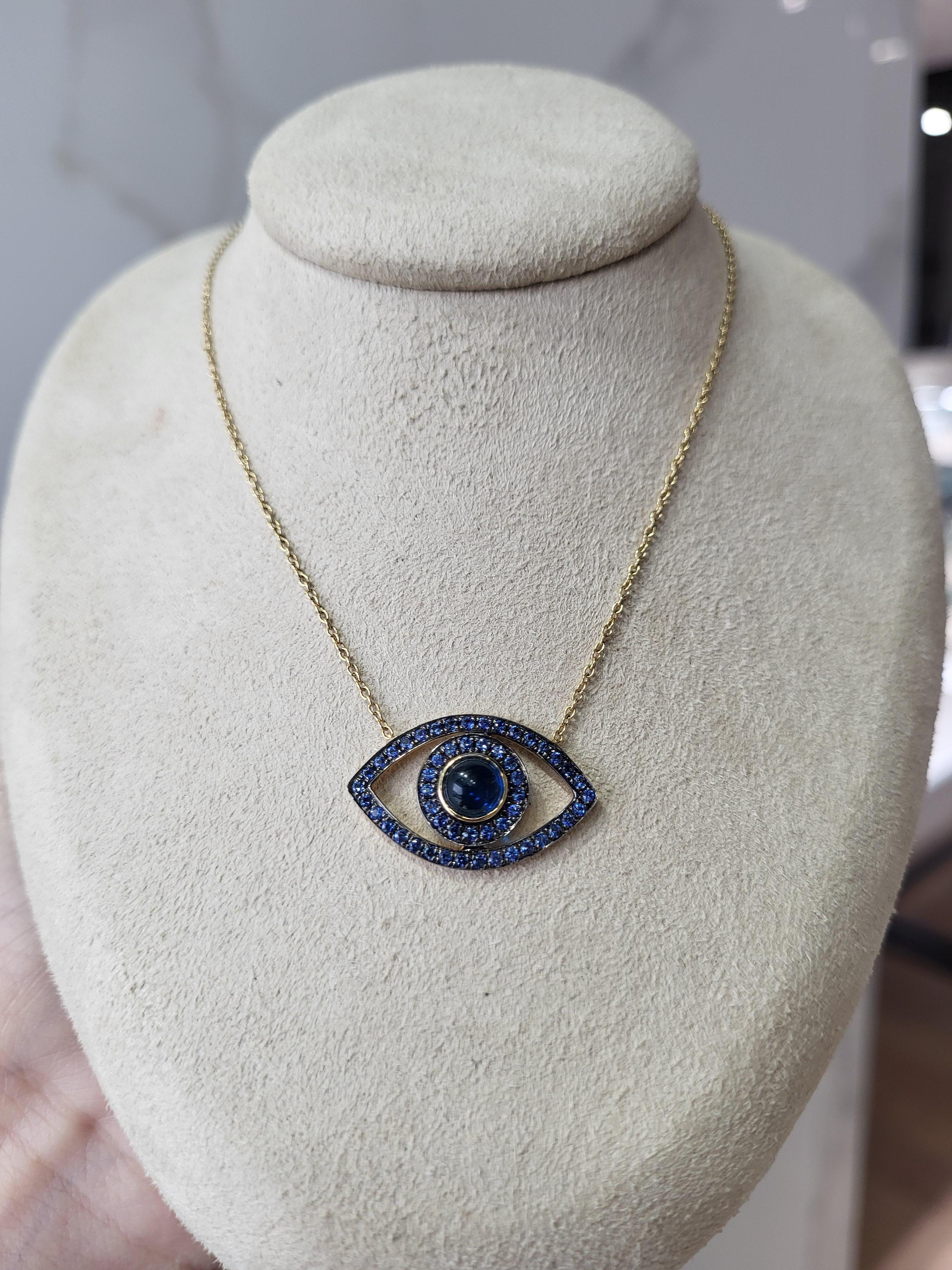 Blue Sapphire Cabochon & Round Sapphire 14k Yellow Gold Evil Eye Pendant For Sale 2