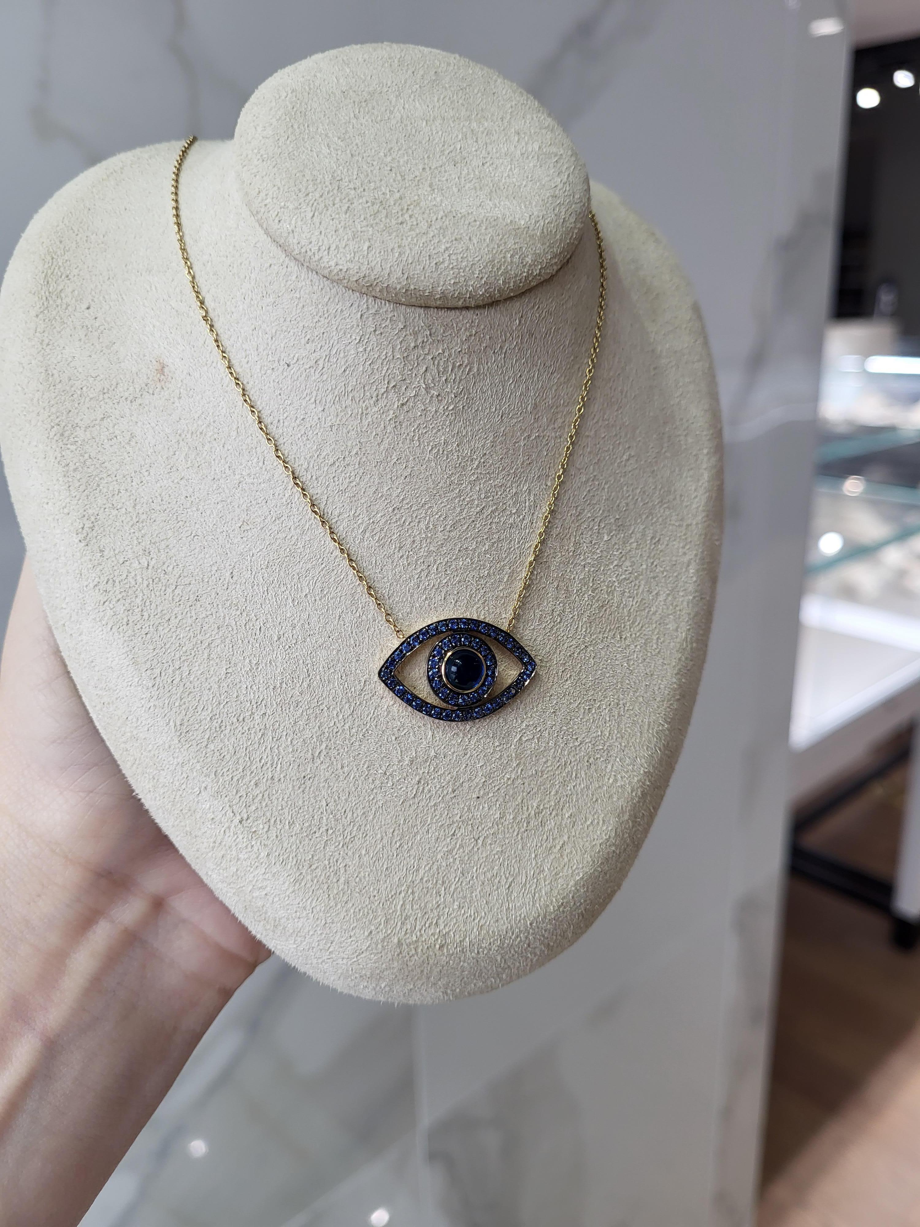Blue Sapphire Cabochon & Round Sapphire 14k Yellow Gold Evil Eye Pendant For Sale 3