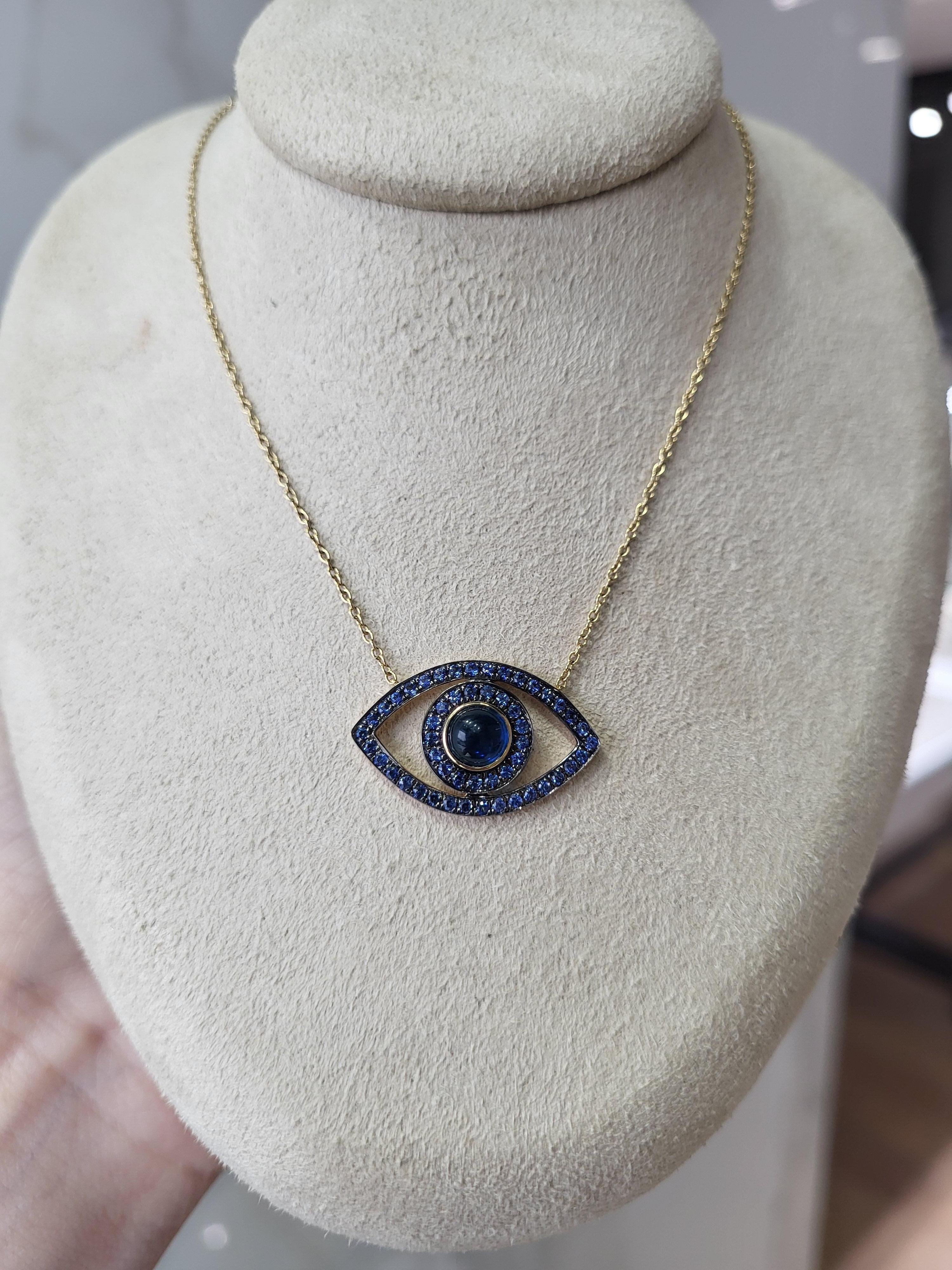 Blue Sapphire Cabochon & Round Sapphire 14k Yellow Gold Evil Eye Pendant For Sale 4