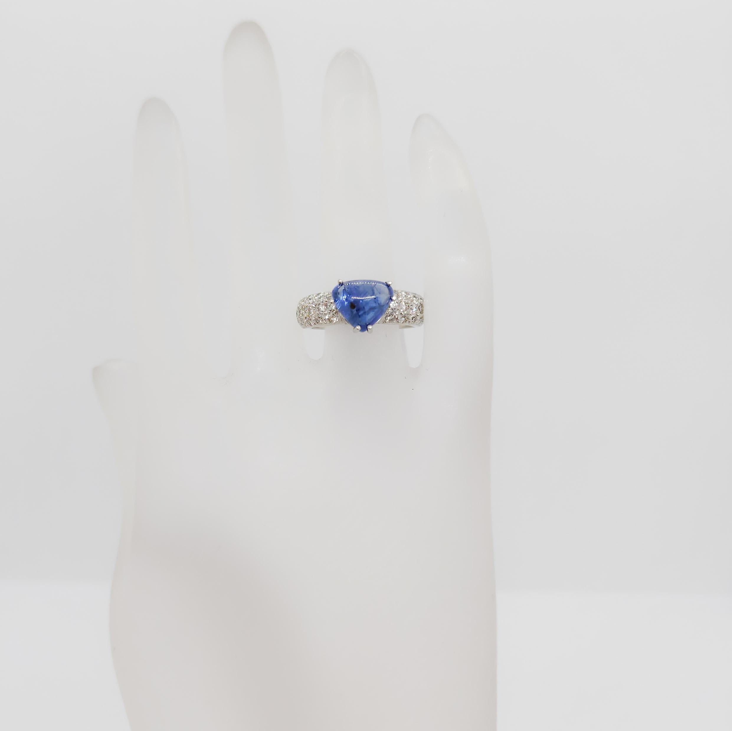 Trillion Cut Blue Sapphire Cabochon Trillion and White Diamond Cocktail Ring in Platinum For Sale