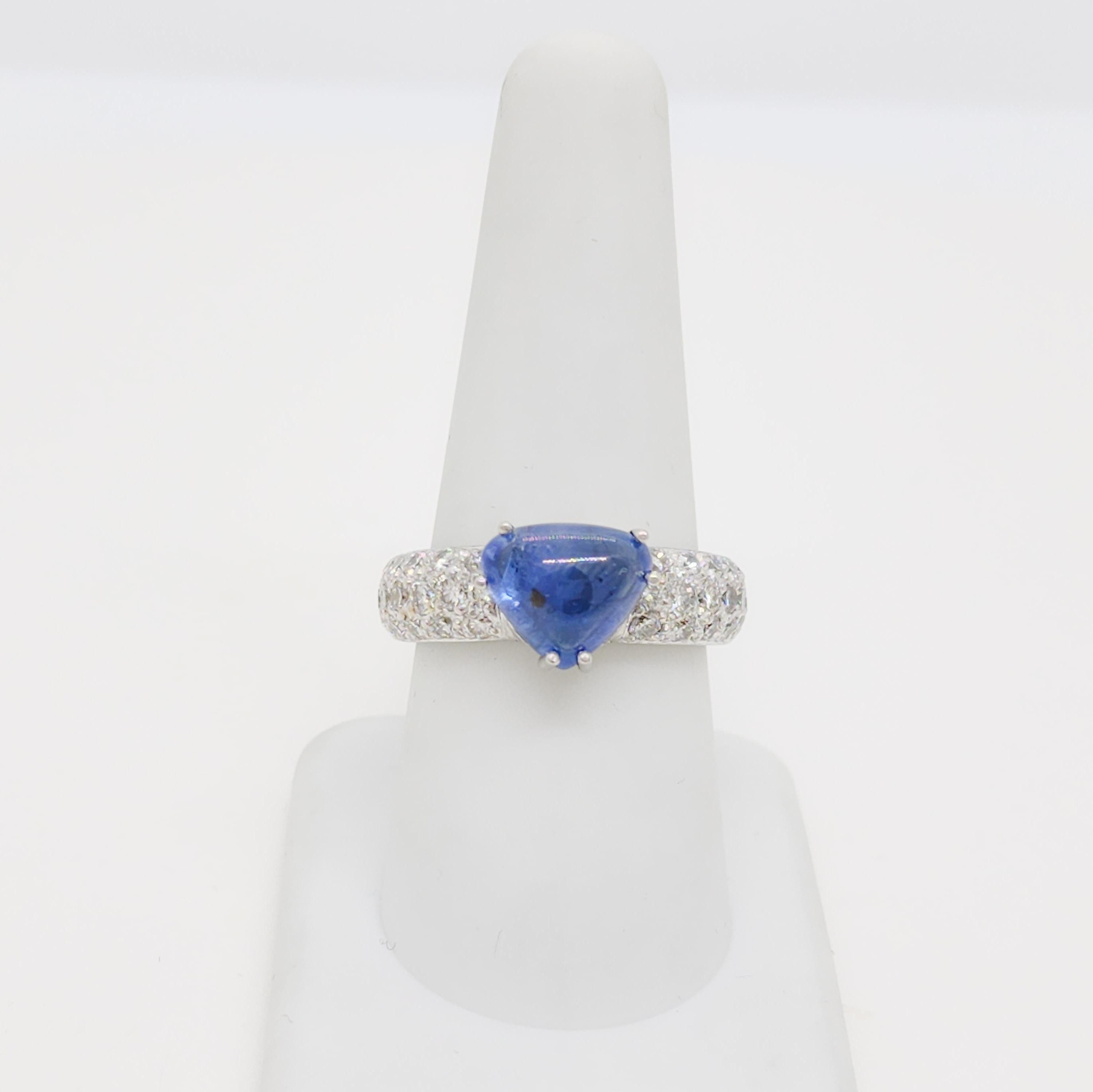 Blue Sapphire Cabochon Trillion and White Diamond Cocktail Ring in Platinum In New Condition For Sale In Los Angeles, CA