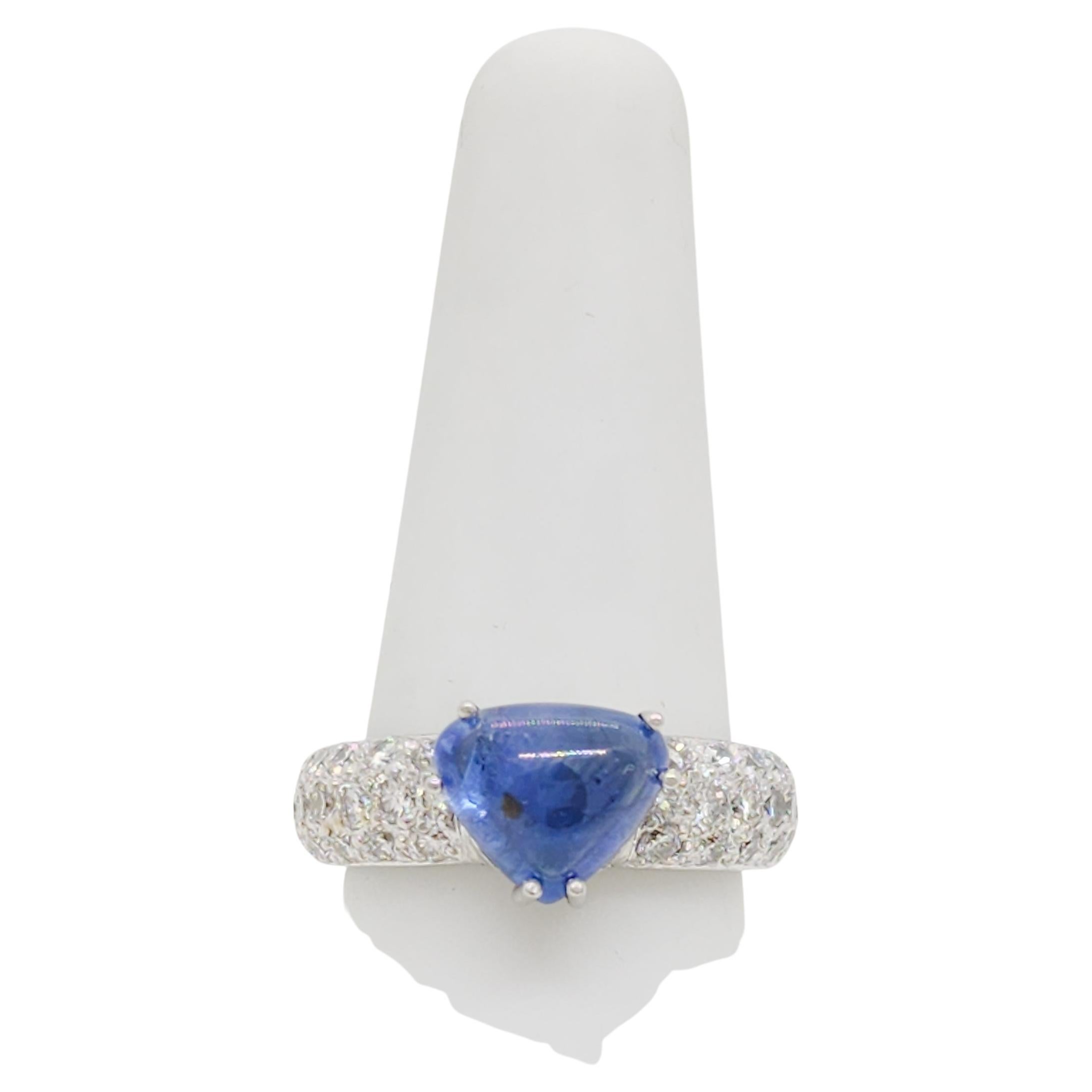 Blue Sapphire Cabochon Trillion and White Diamond Cocktail Ring in Platinum For Sale