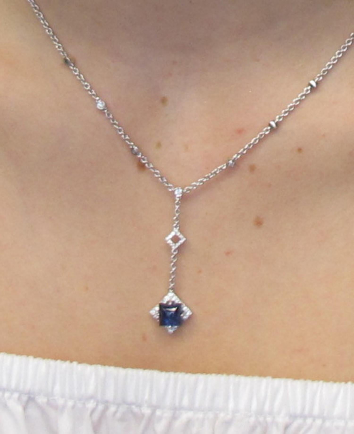 Blue Sapphire Cabochon and Diamond Art Deco Style Lariat Necklace in White Gold 1