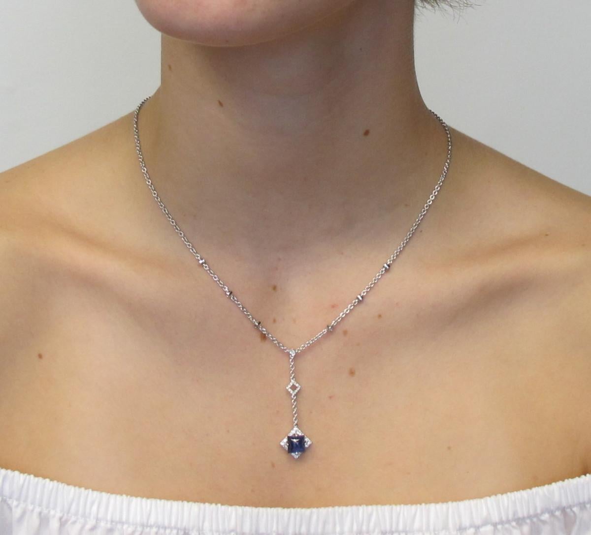 Blue Sapphire Cabochon and Diamond Art Deco Style Lariat Necklace in White Gold 3