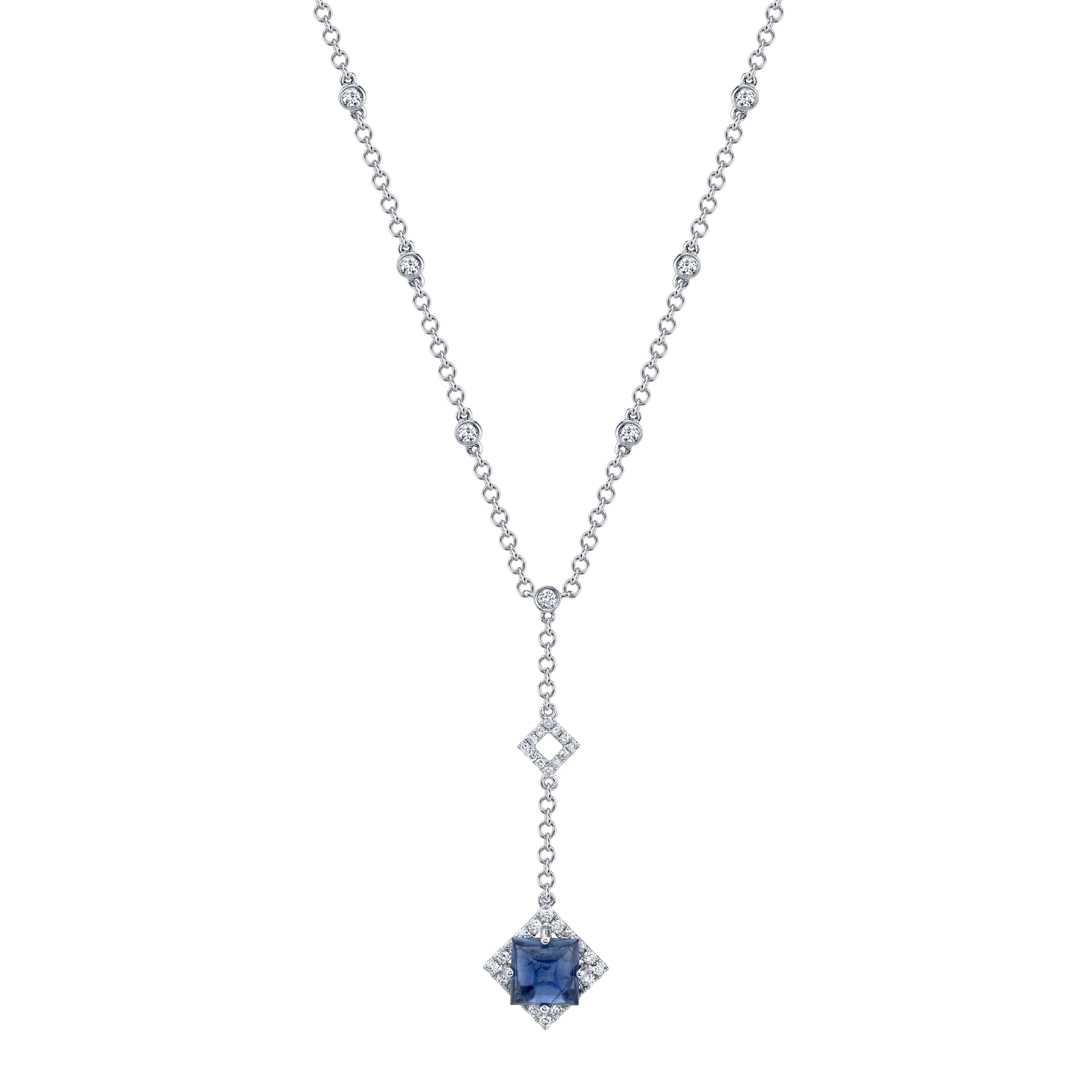 Blue Sapphire Cabochon and Diamond 18k White Gold Art Deco Style Lariat Necklace