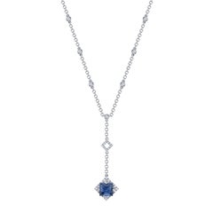 Blue Sapphire Cabochon and Diamond 18k White Gold Art Deco Style Lariat Necklace