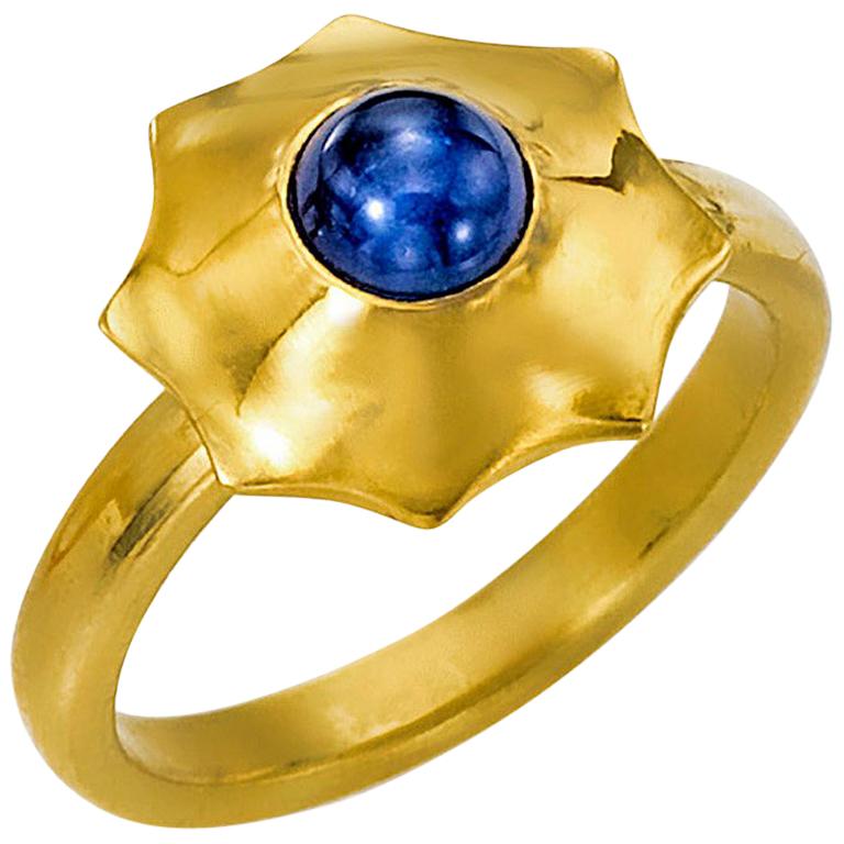 Blue Sapphire Cabochon Yellow Gold 22 Karat and 18 Karat Ring For Sale