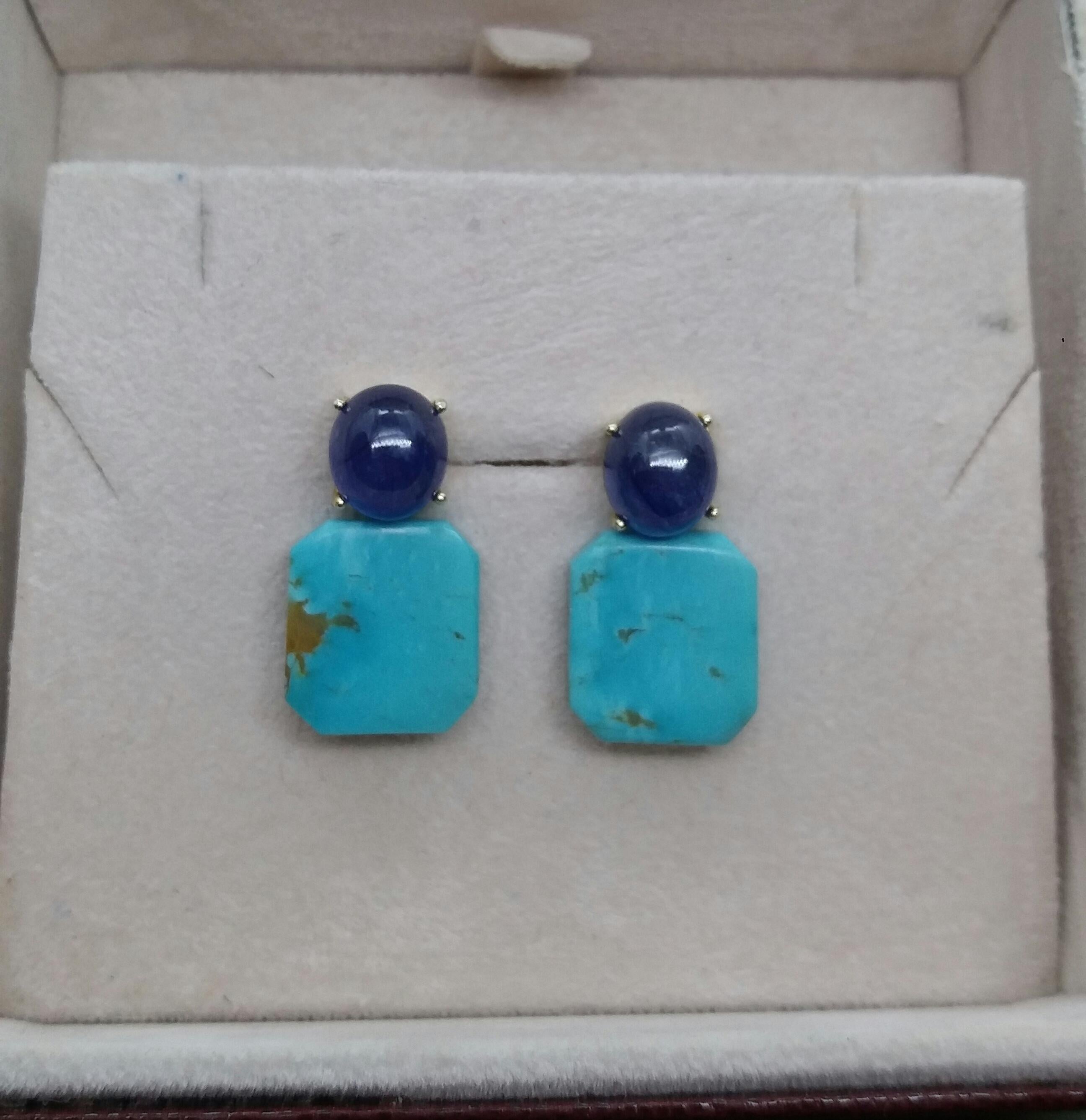 Blue Sapphire Cabochons Octagon Shape Turquoise 14 Kt Yellow Gold Stud Earrings For Sale 5