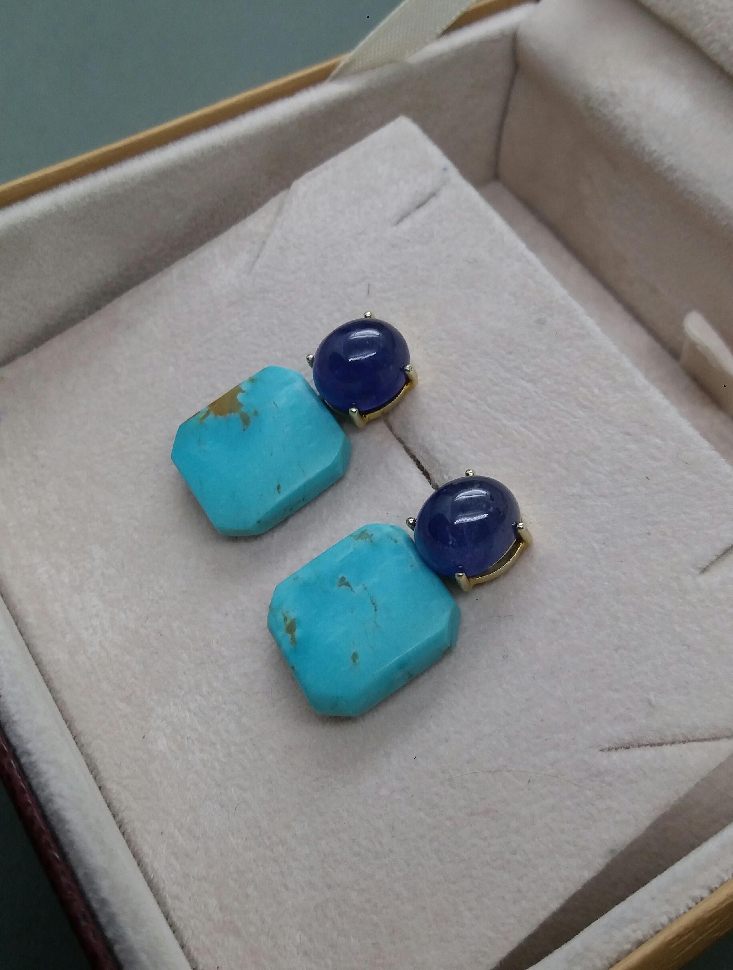 Blue Sapphire Cabochons Octagon Shape Turquoise 14 Kt Yellow Gold Stud Earrings 5